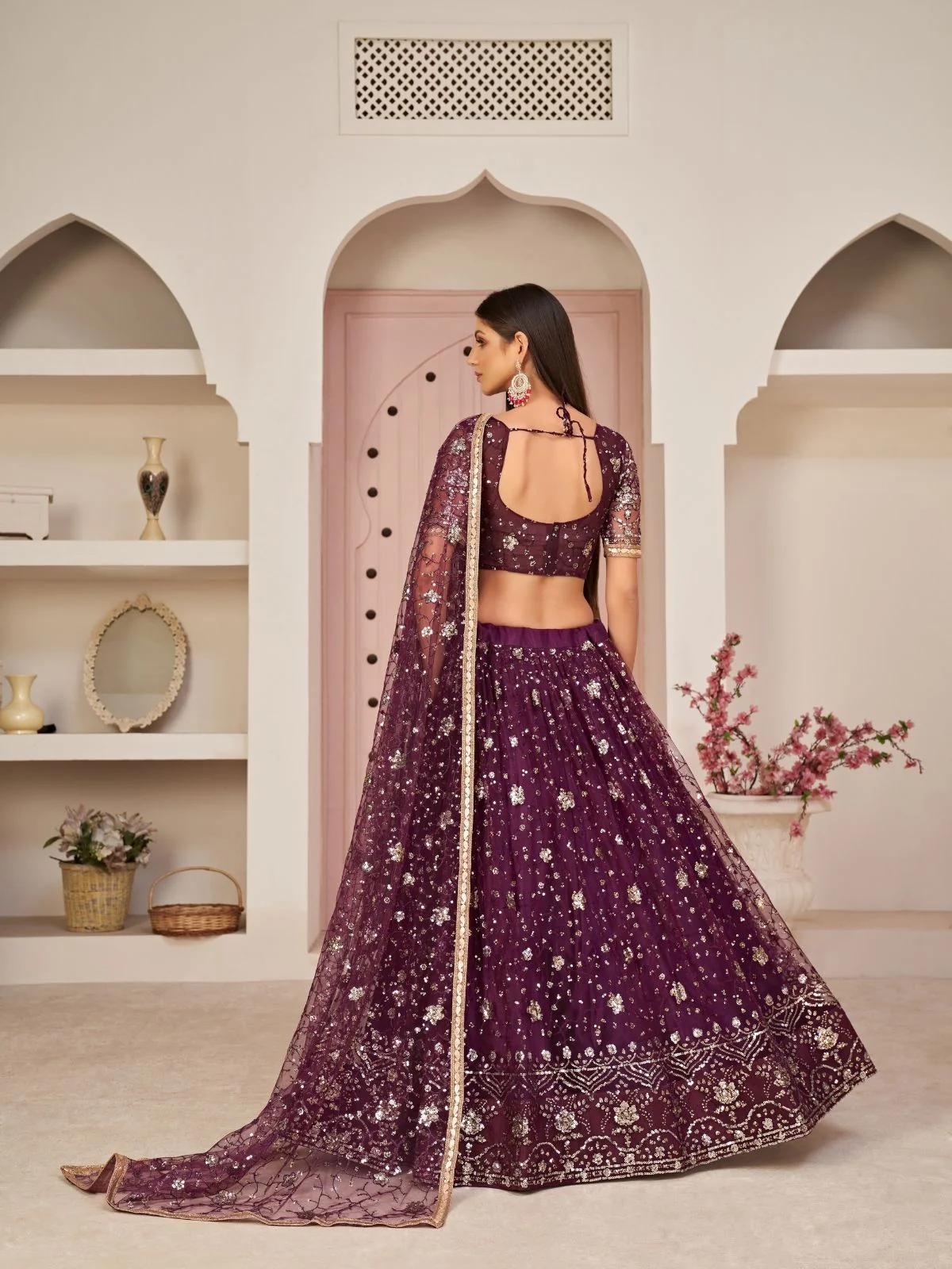 Odette Wine Net Embroidered Semi Stitched Lehenga For Women - Image 3