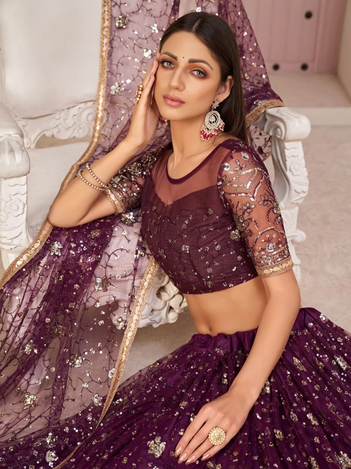 Odette Wine Net Embroidered Semi Stitched Lehenga For Women - Image 4