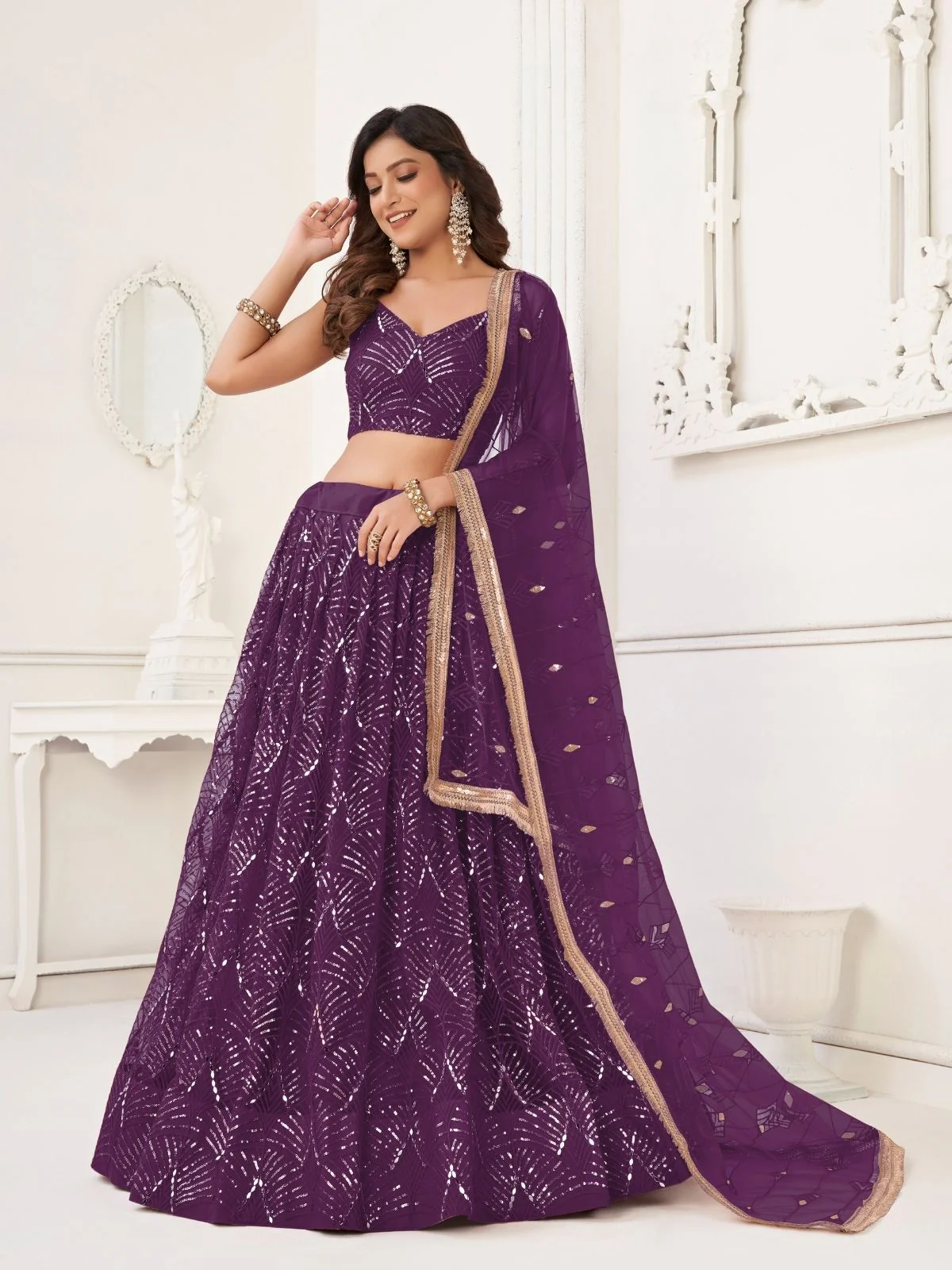 Odette Wine Net Embroidered Semi Stitched Lehenga For Women - Image 2