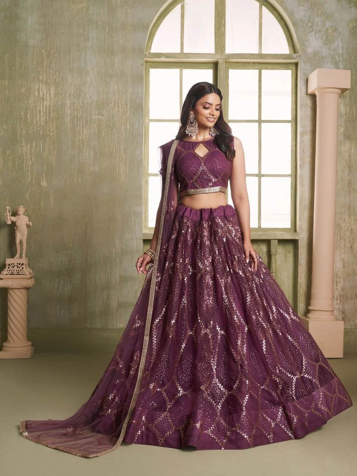 Odette Wine Net Embroidered Semi Stitched Lehenga For Women - Image 2