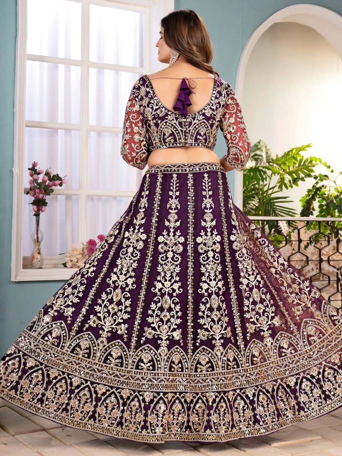 Odette Wine Net Sequence Embroidered Semi-Stitched Lehenga For Women - Image 2