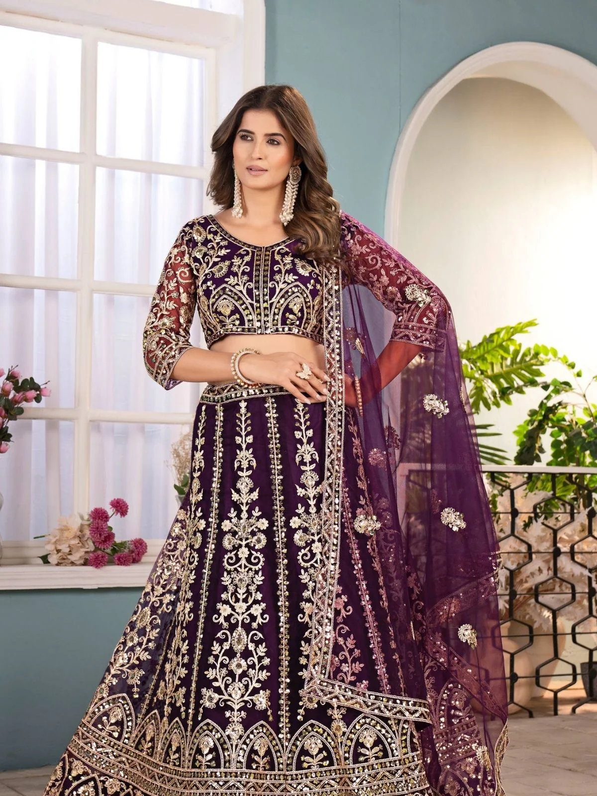 Odette Wine Net Sequence Embroidered Semi-Stitched Lehenga For Women - Image 3