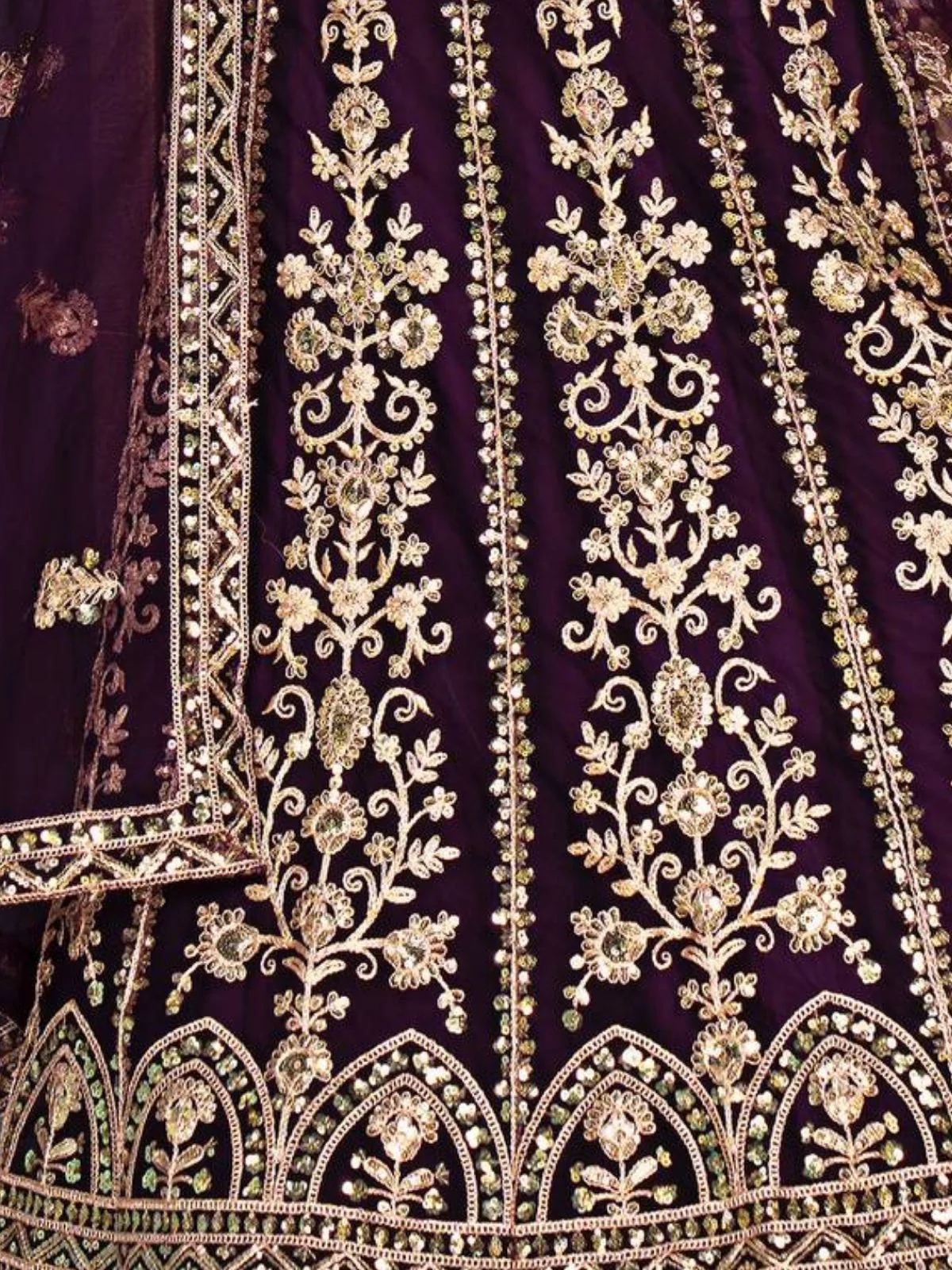 Odette Wine Net Sequence Embroidered Semi-Stitched Lehenga For Women - Image 4