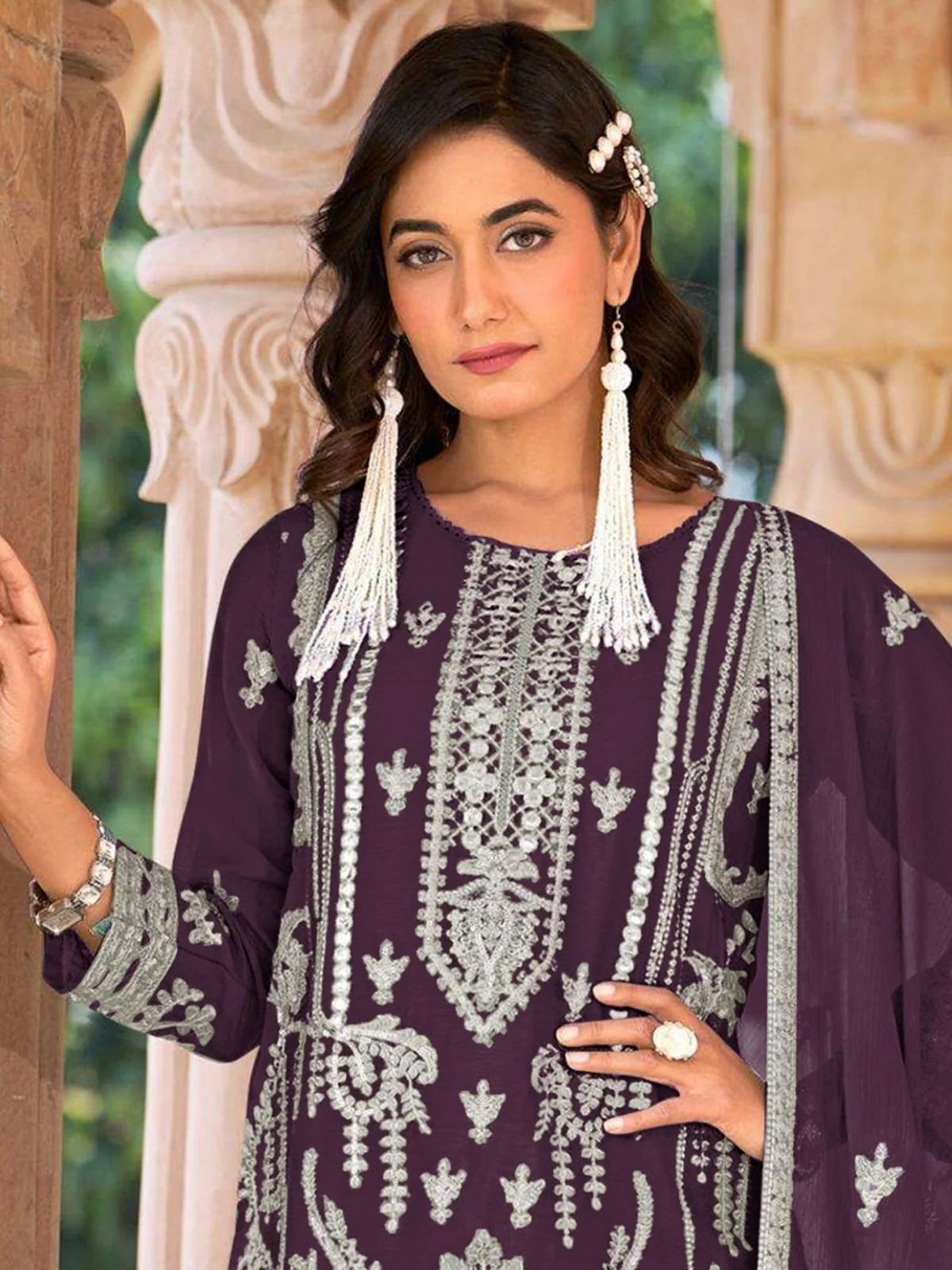 Odette Wine Organza Embroidered Semi-Sitched Kurta Set For Women - Image 2