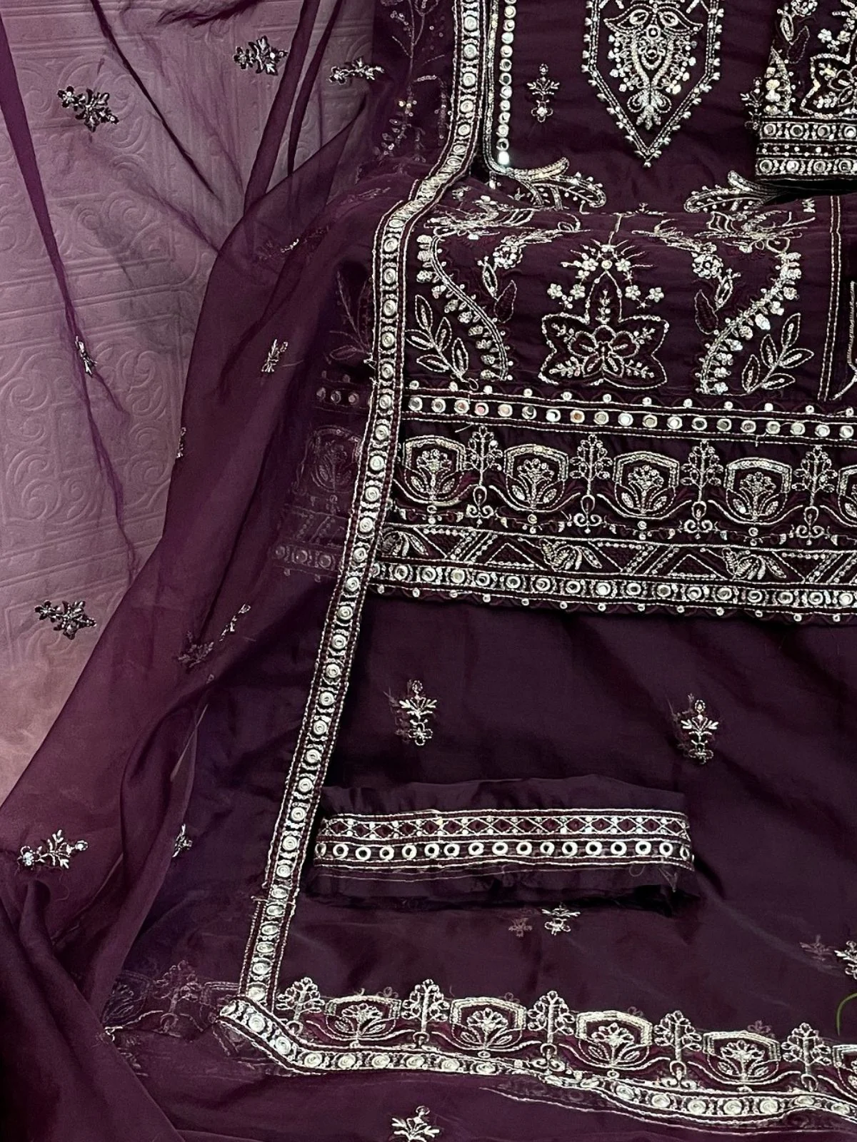 Odette Wine Organza Embroidered Semi-Sitched Kurta Set For Women - Image 3