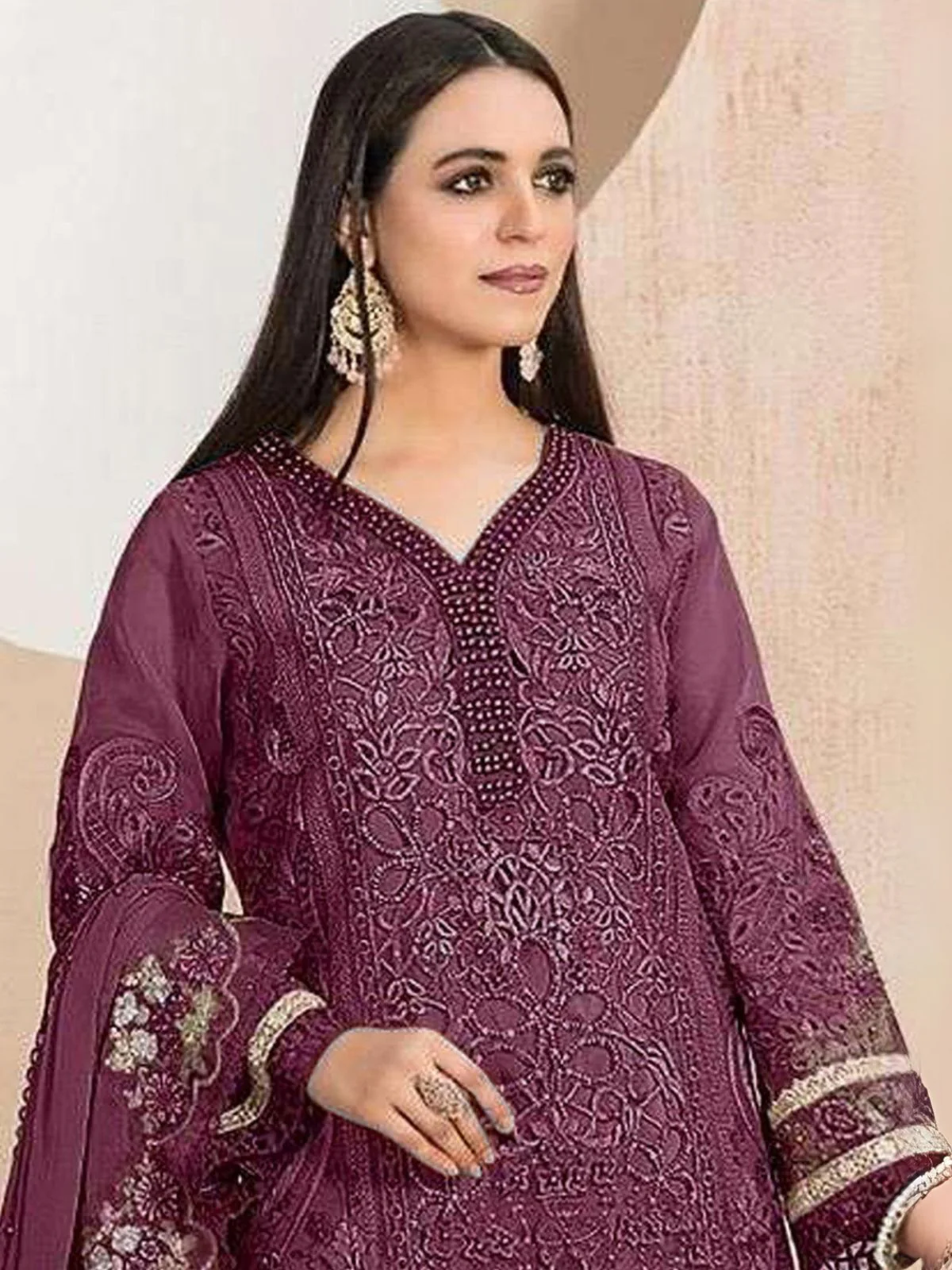 Odette Wine Organza Embroidered Semi-Stitched Kurta Set For Women - Image 2
