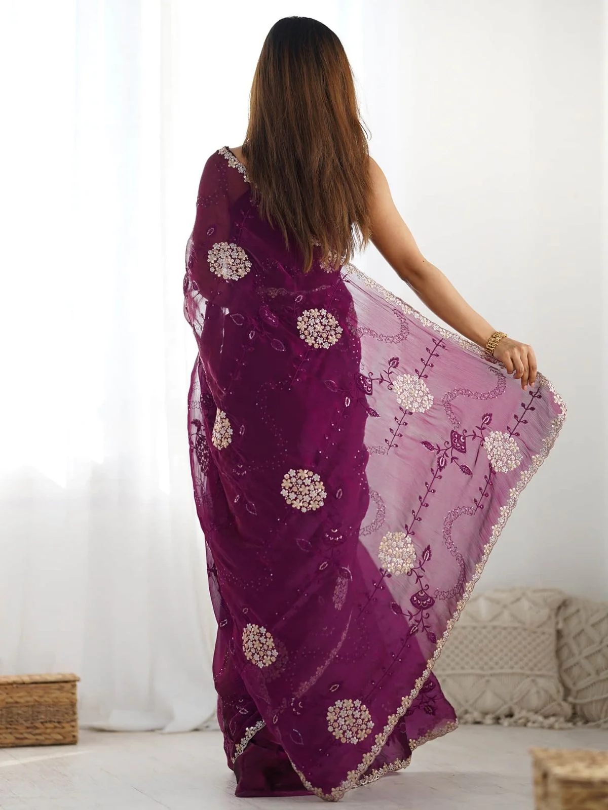 Odette Wine Organza Embroidered Solid Saree For Women - Image 2