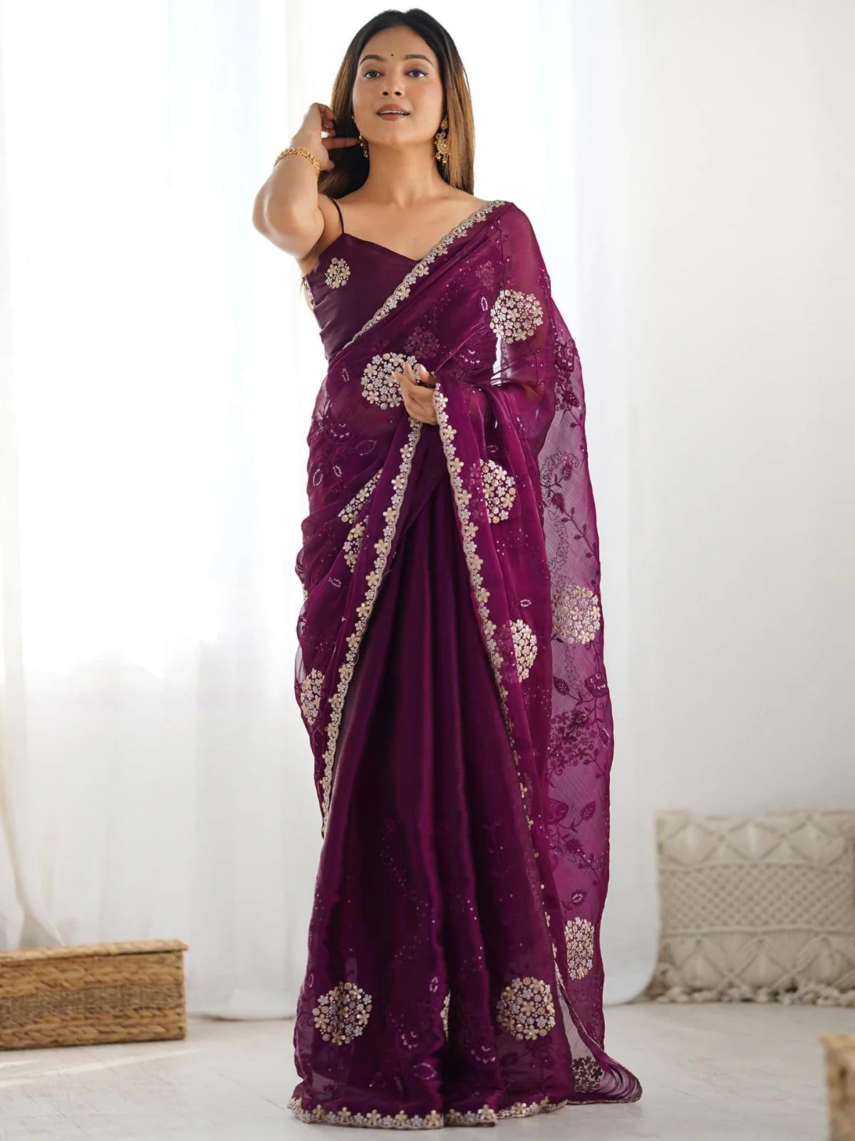 Odette Wine Organza Embroidered Solid Saree For Women - Image 3