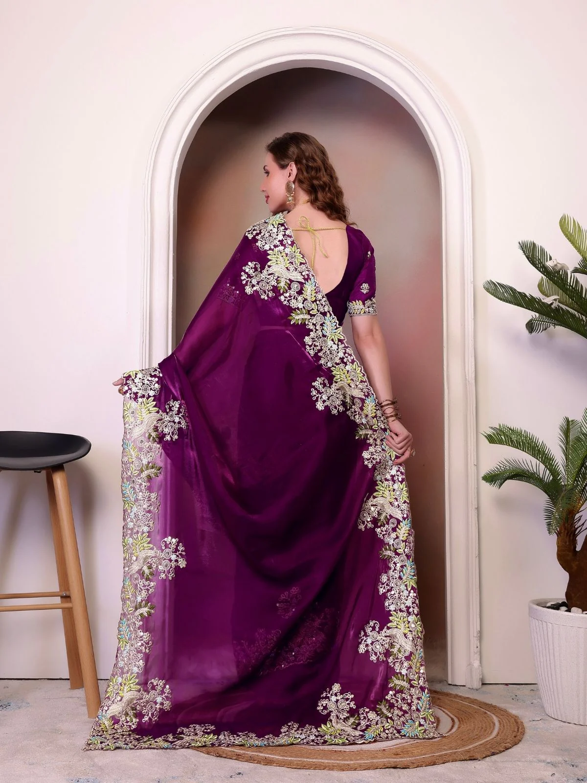 Odette Wine Organza Embroidered Solid Saree For Women - Image 2