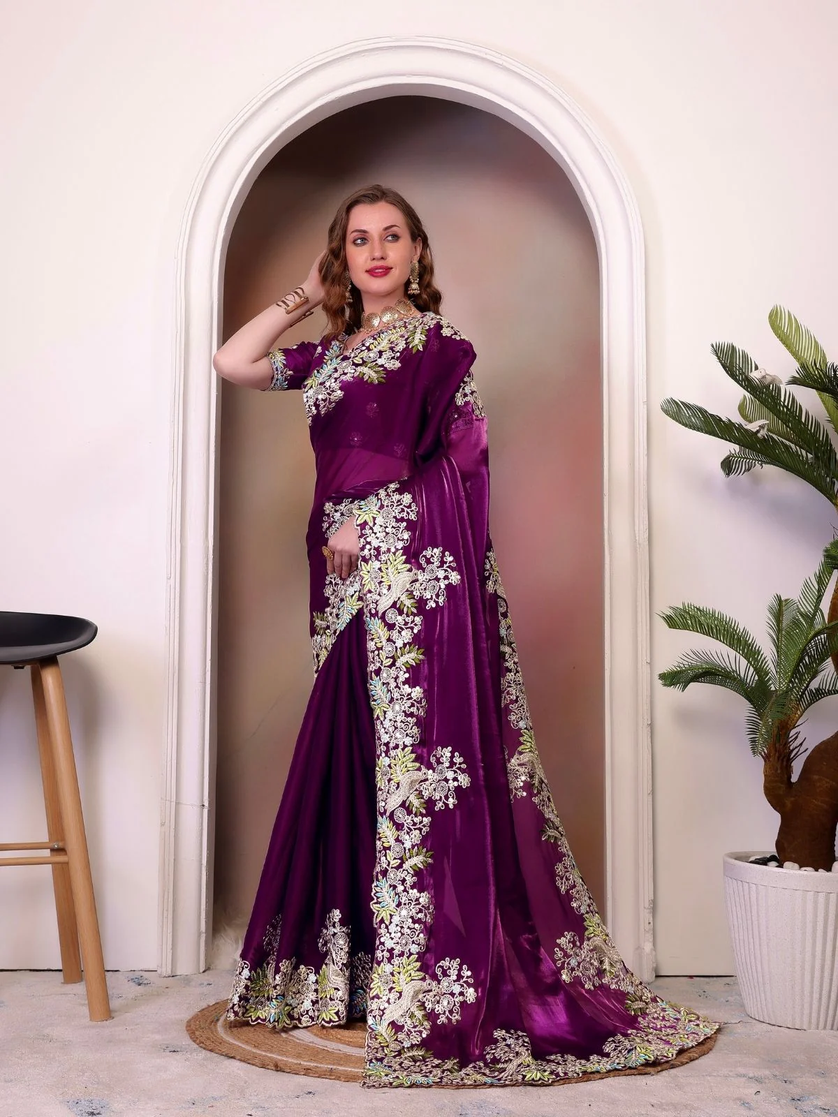 Odette Wine Organza Embroidered Solid Saree For Women - Image 3