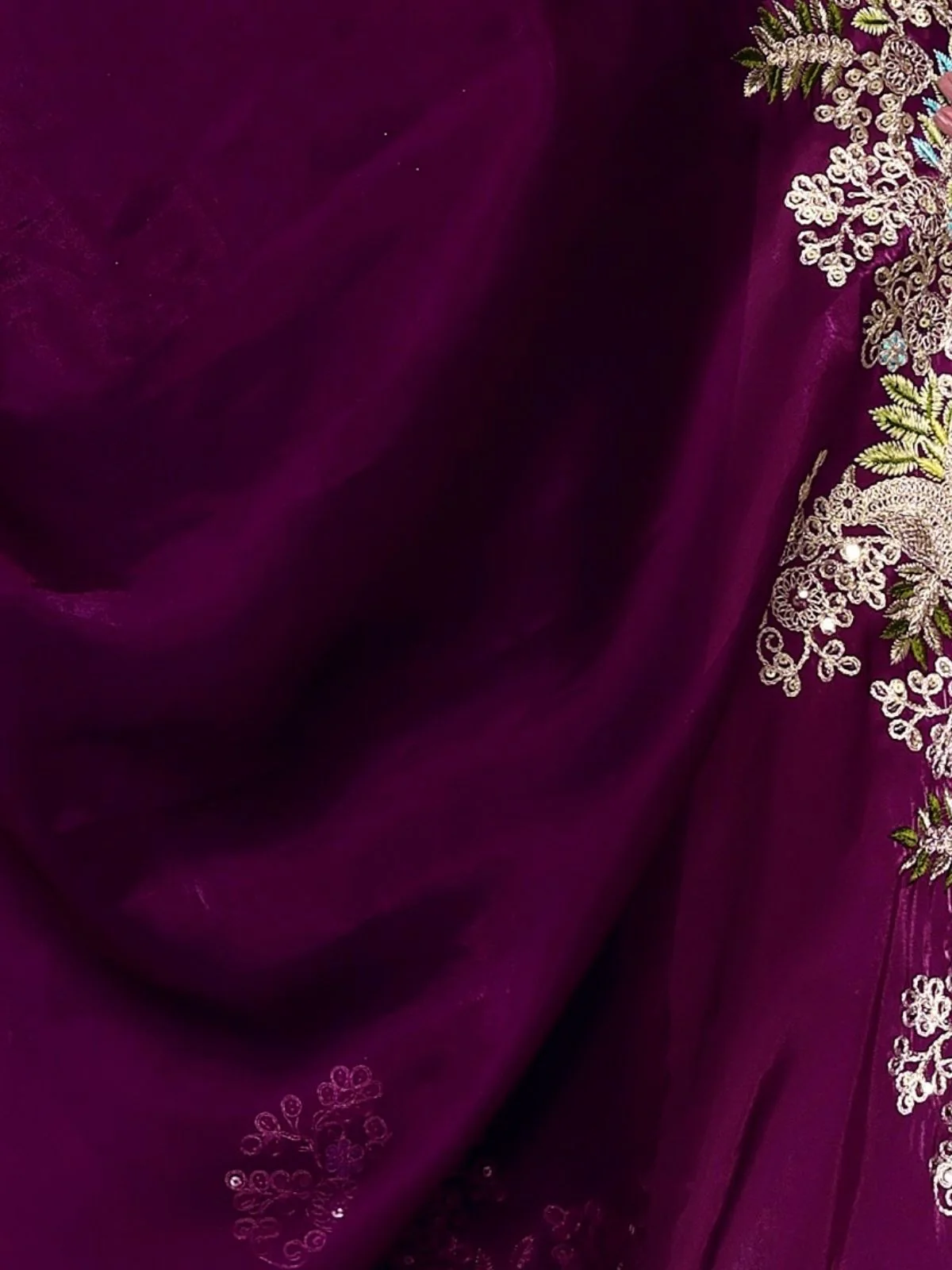 Odette Wine Organza Embroidered Solid Saree For Women - Image 5