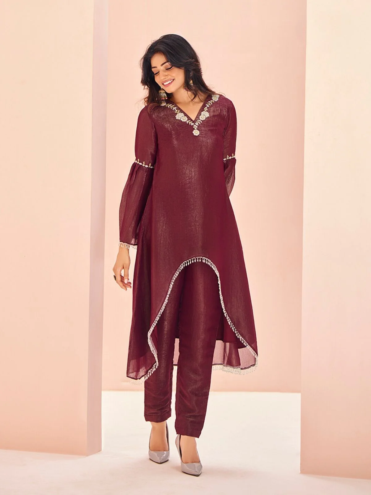 Odette Wine Organza Embroidered Stitched Kurta Set For Women - Image 2