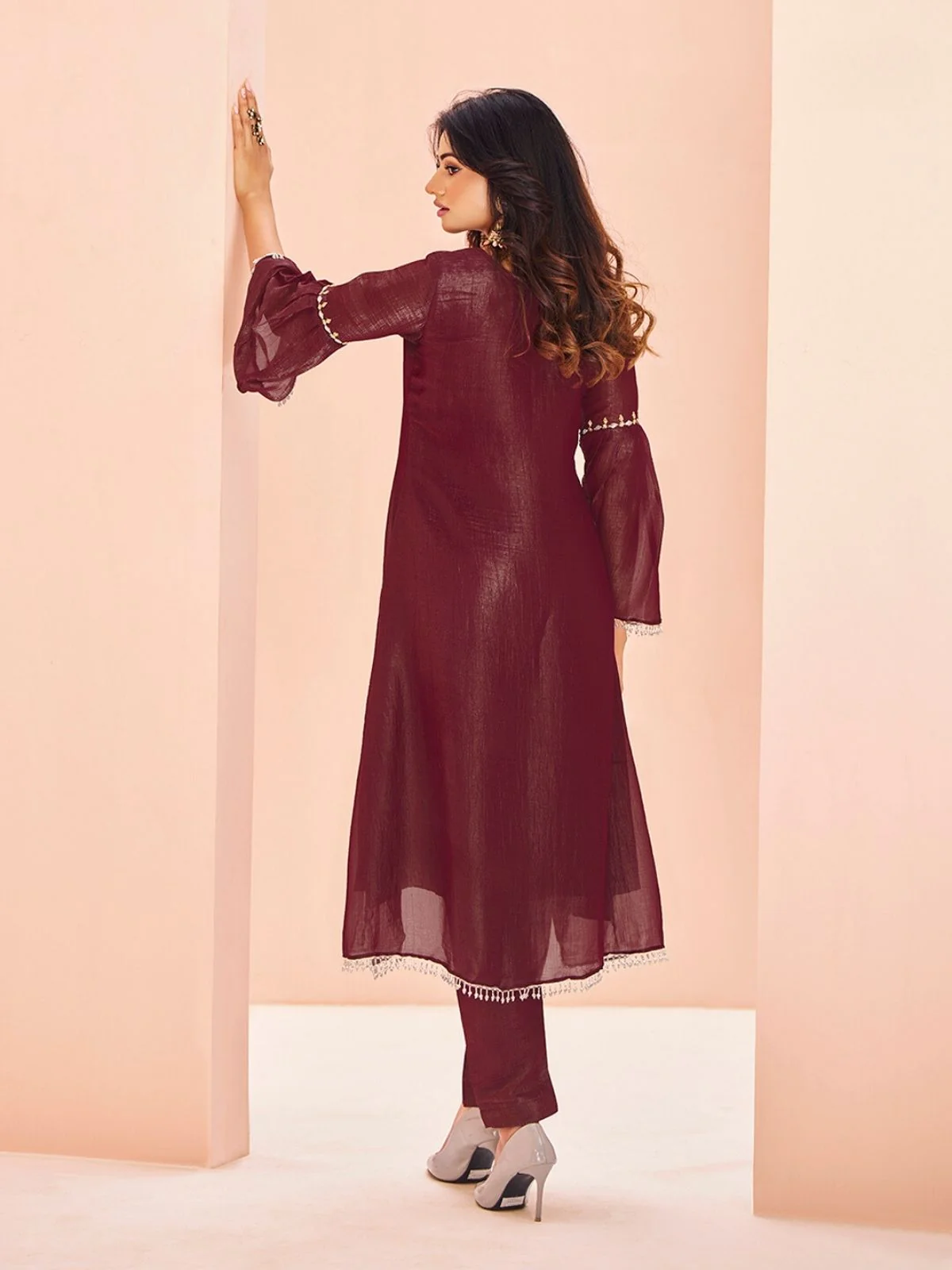 Odette Wine Organza Embroidered Stitched Kurta Set For Women - Image 4