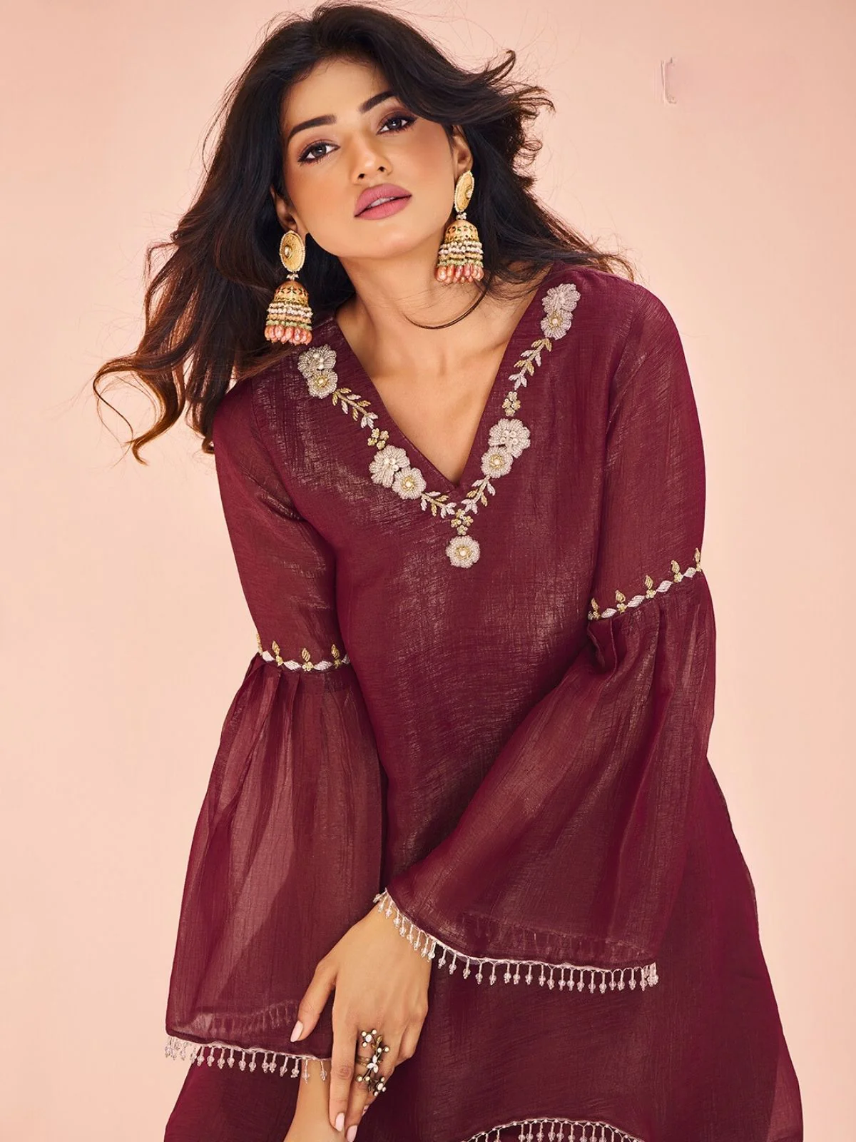 Odette Wine Organza Embroidered Stitched Kurta Set For Women - Image 5