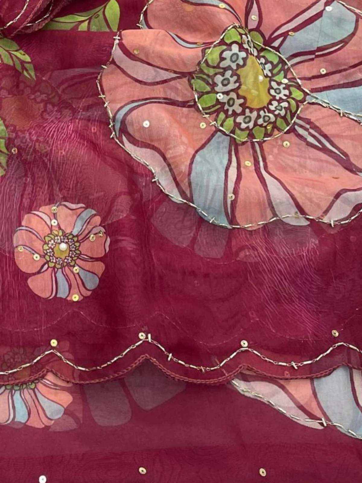 Odette Wine Organza Printed Saree For Women - Image 4