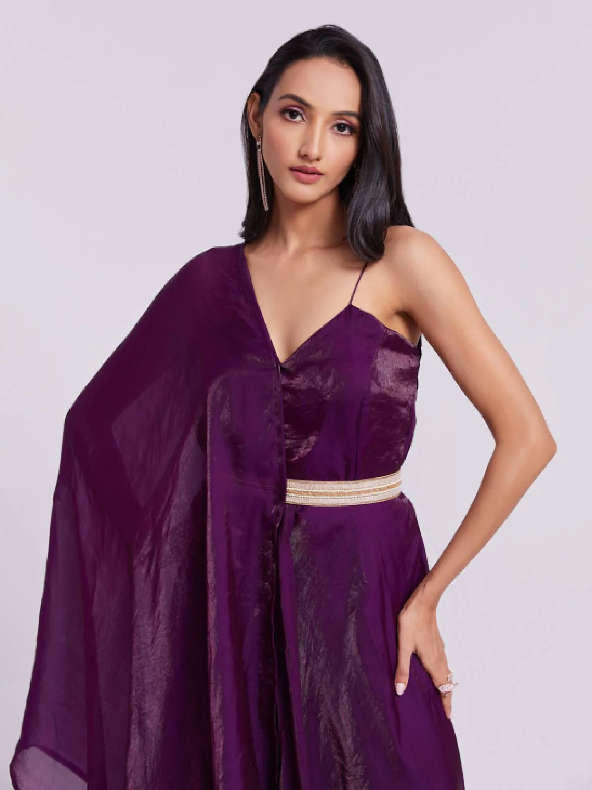 Odette Wine Organza Solid Stitched Kurta Set For Women - Image 7