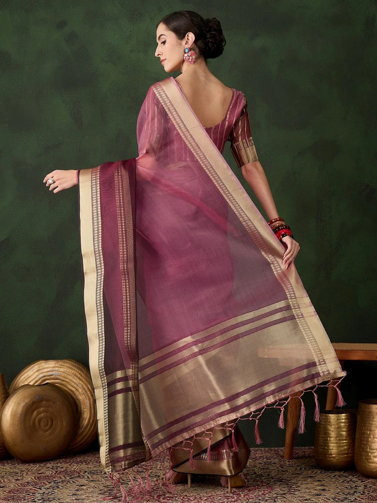 Odette Wine Organza Woven Saree With Unstitched Blouse For Women - Image 4
