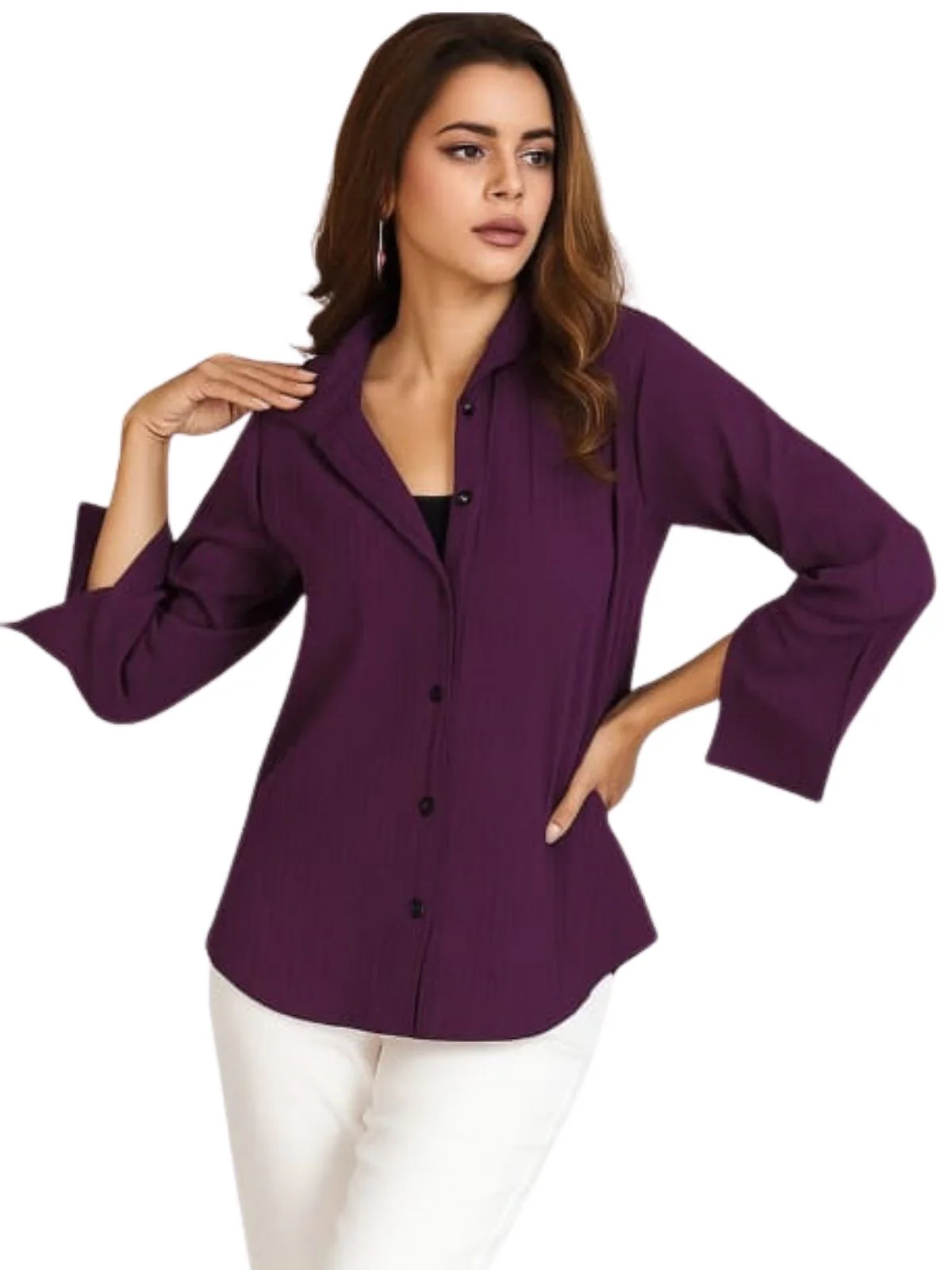 Odette Wine Poly Cotton Solid Shirt For Women - Image 2