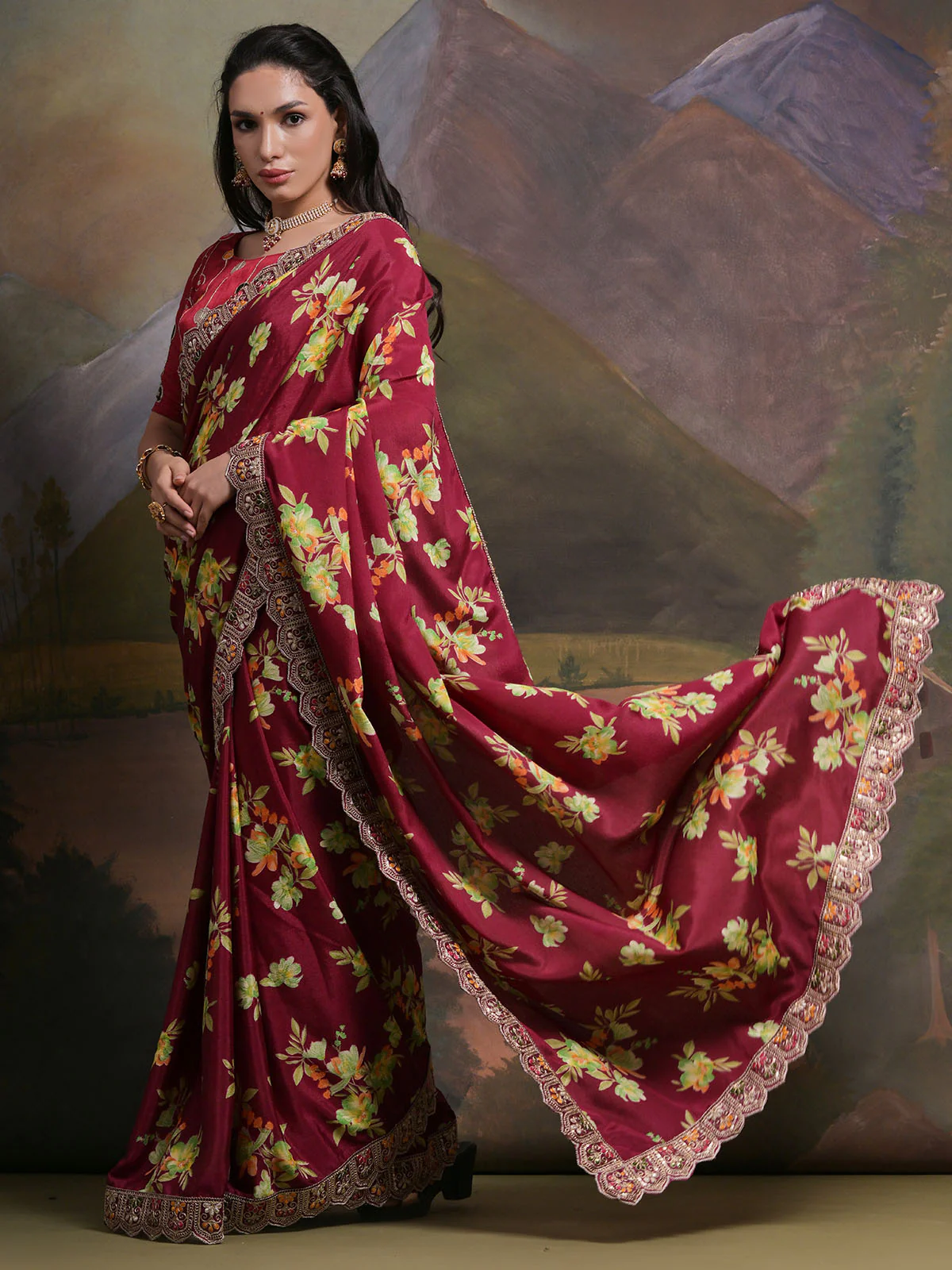 Odette Wine Printed Chiffon Saree With Unstitched Blouse For Women - Image 2