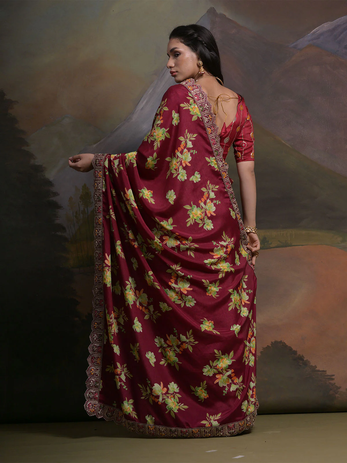 Odette Wine Printed Chiffon Saree With Unstitched Blouse For Women - Image 5