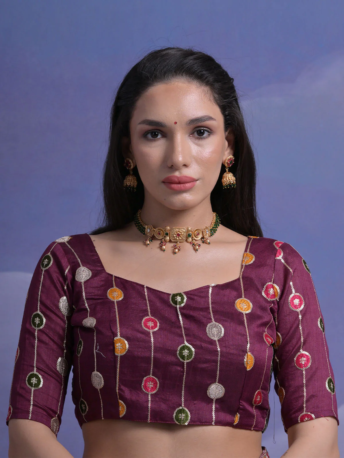 Odette Wine Printed Chiffon Saree With Unstitched Blouse For Women - Image 6