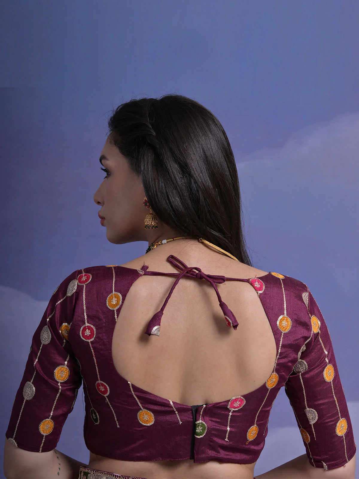 Odette Wine Printed Chiffon Saree With Unstitched Blouse For Women - Image 7