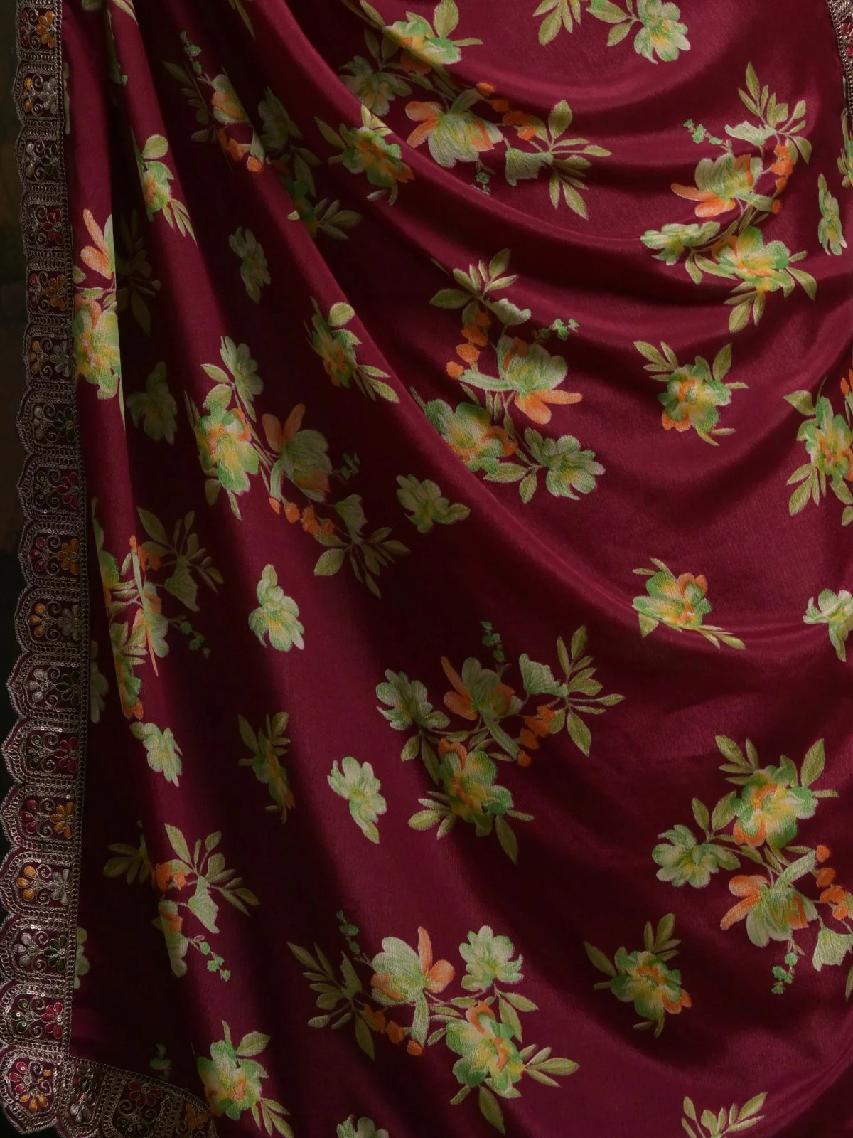 Odette Wine Printed Chiffon Saree With Unstitched Blouse For Women - Image 8
