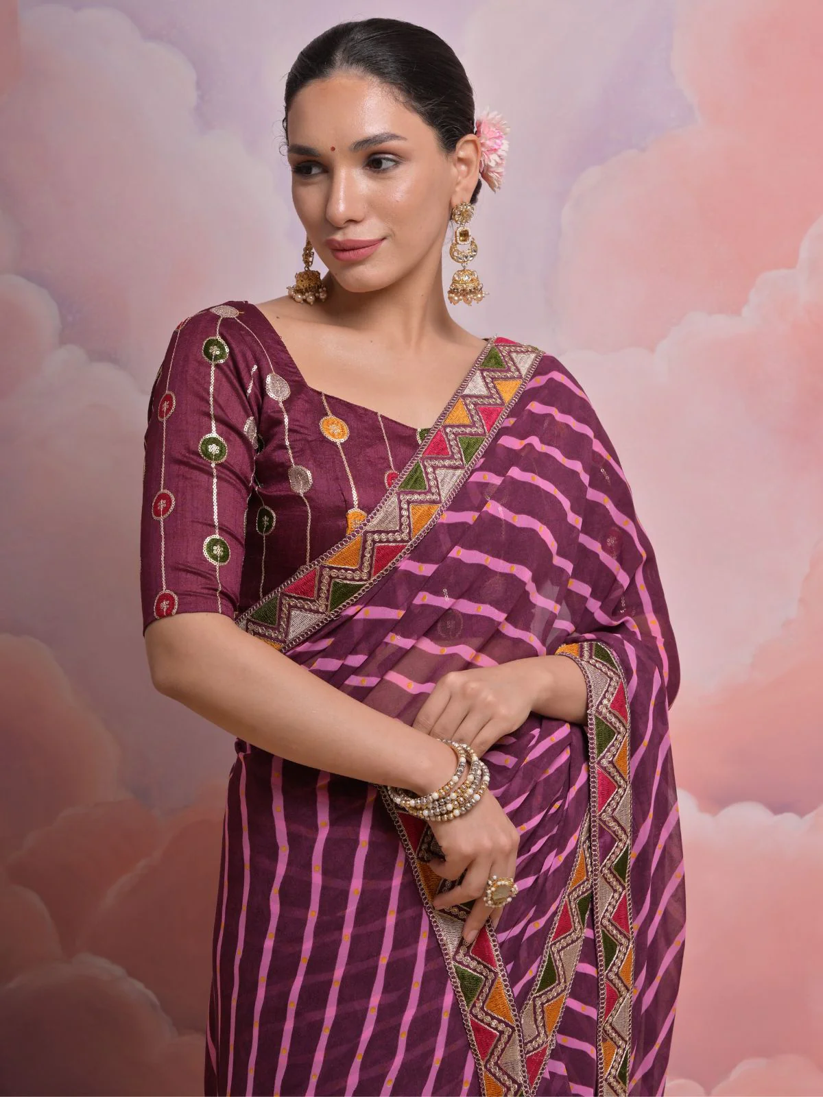 Odette Wine Printed Georgette Saree With Unstitched Blouse For Women - Image 4