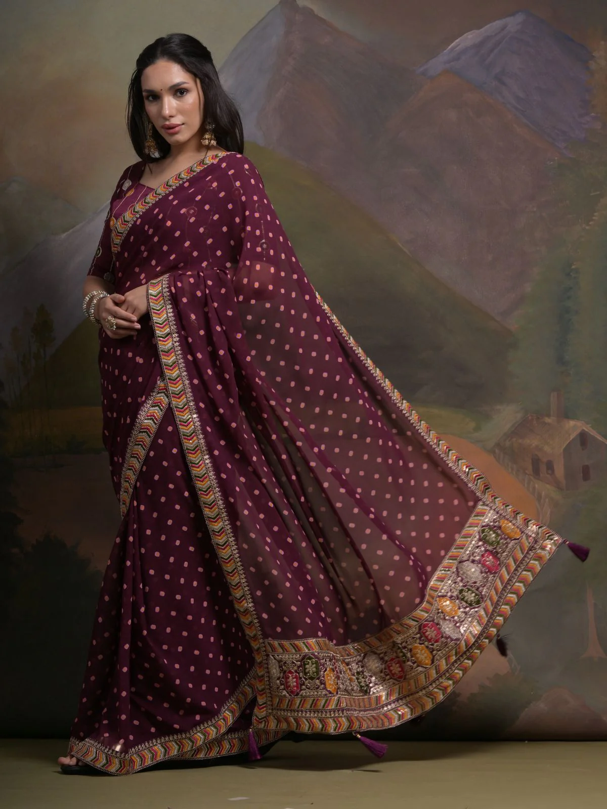 Odette Wine Printed Georgette Saree With Unstitched Blouse For Women - Image 2