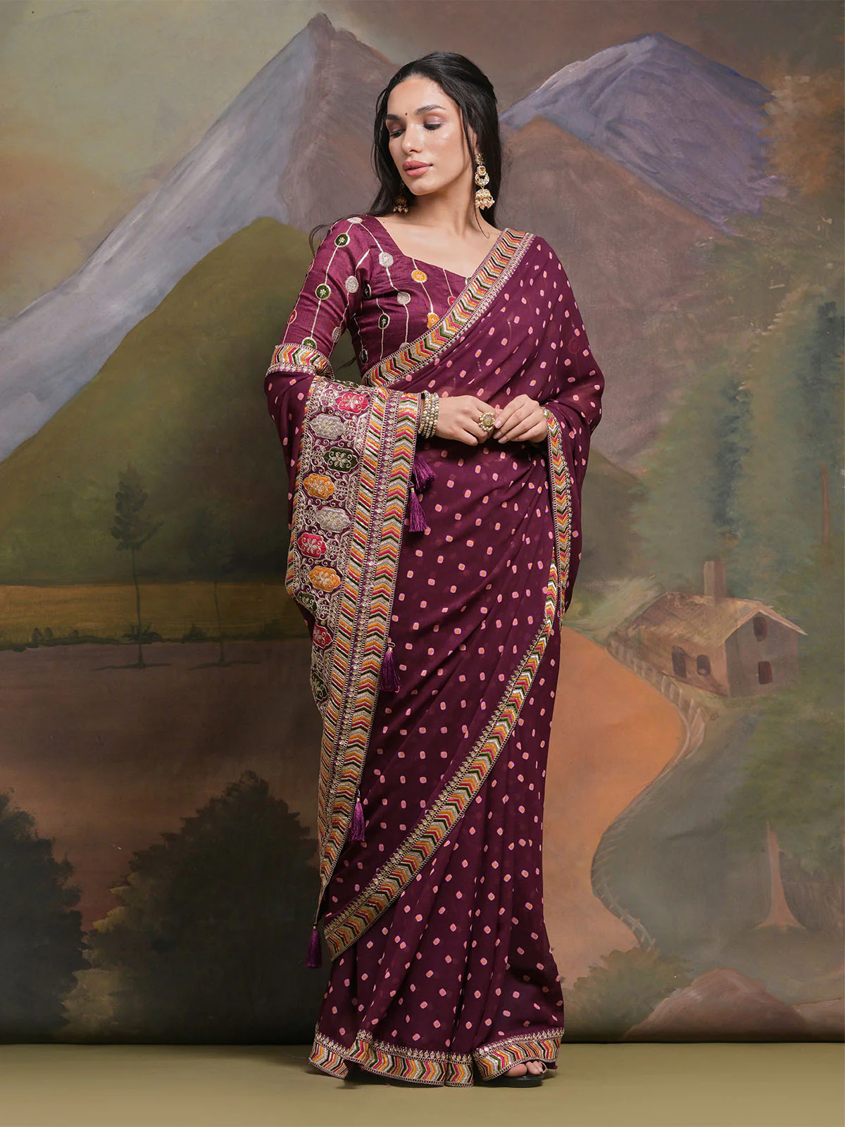 Odette Wine Printed Georgette Saree With Unstitched Blouse For Women - Image 3