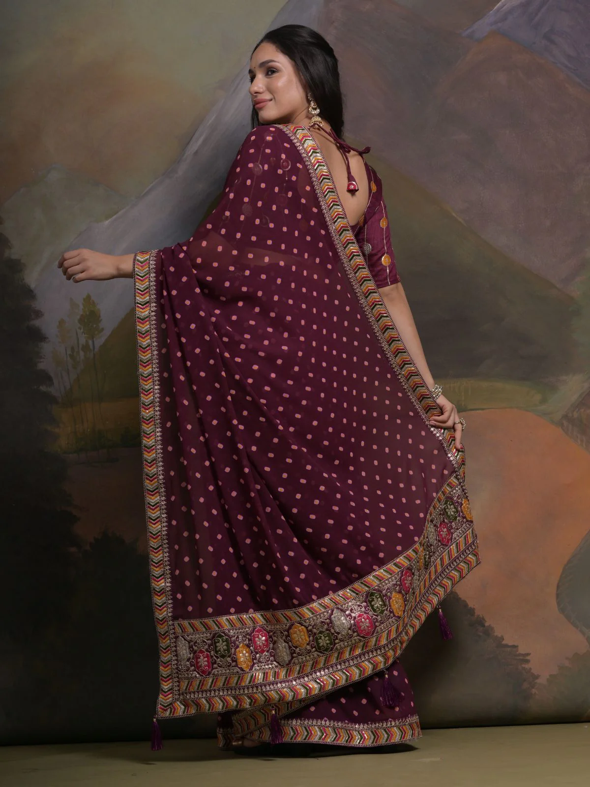 Odette Wine Printed Georgette Saree With Unstitched Blouse For Women - Image 5