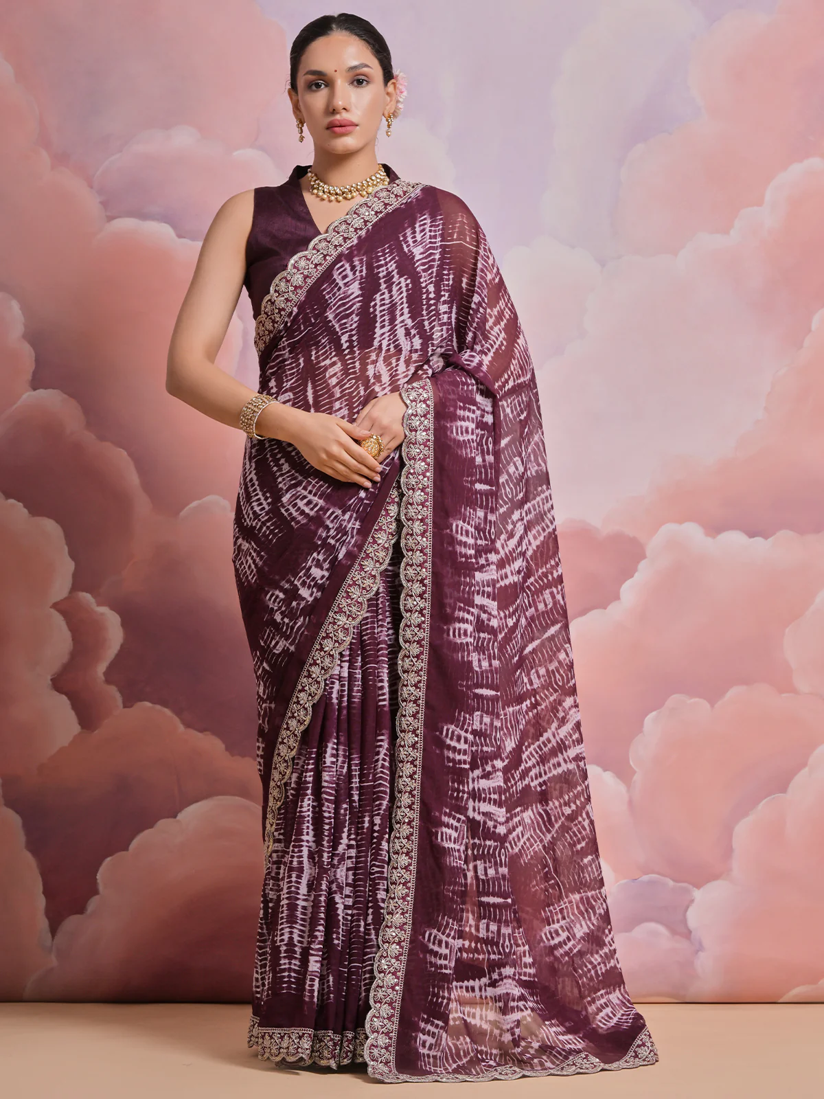Odette Wine Printed Georgette Saree With Unstitched Blouse For Women