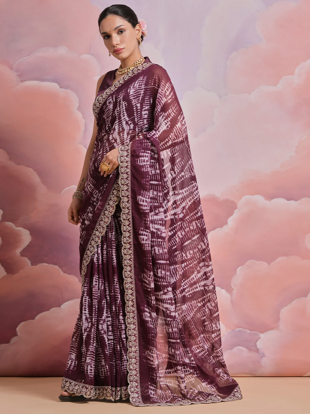 Odette Wine Printed Georgette Saree With Unstitched Blouse For Women - Image 2