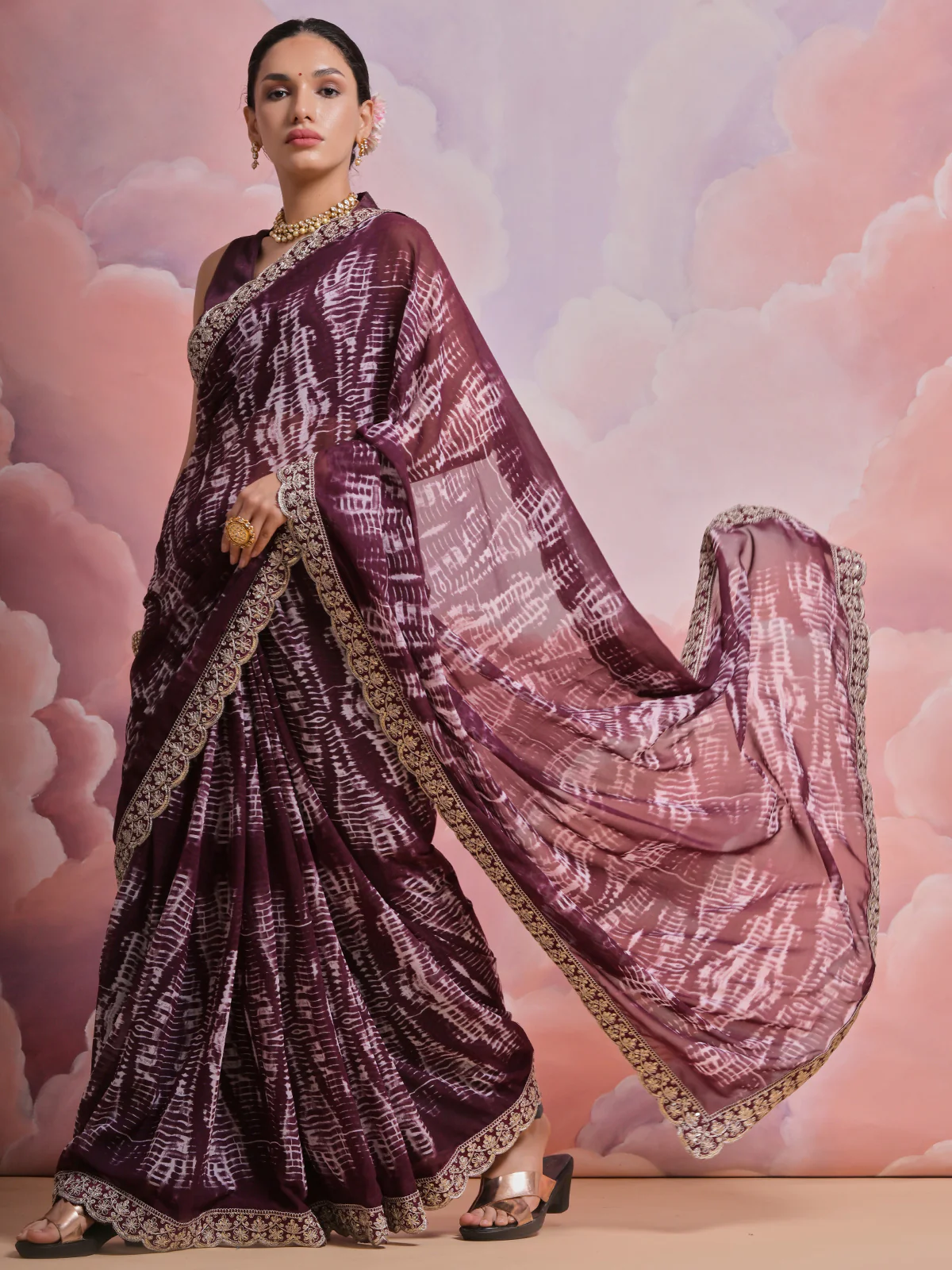 Odette Wine Printed Georgette Saree With Unstitched Blouse For Women - Image 3