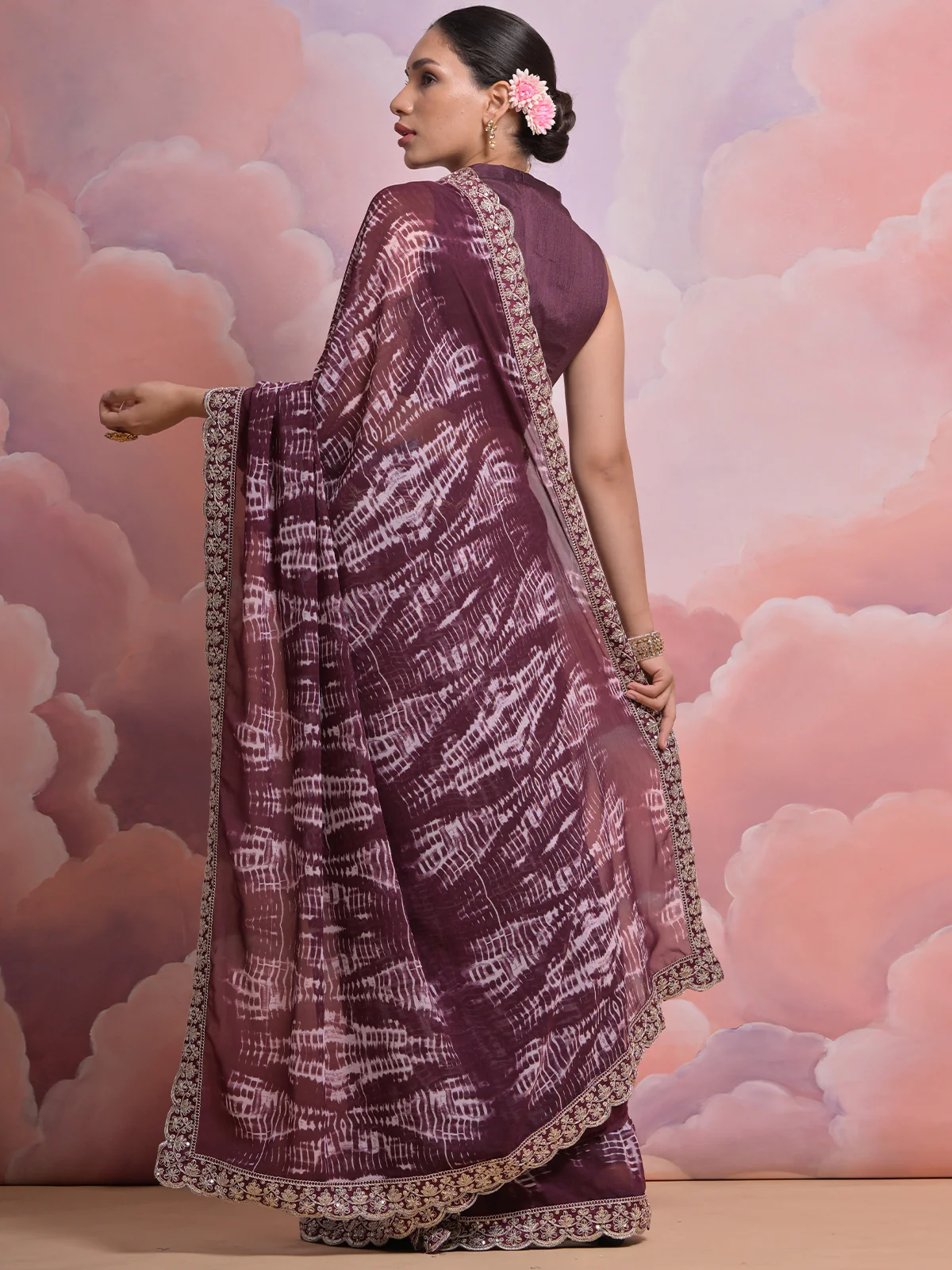 Odette Wine Printed Georgette Saree With Unstitched Blouse For Women - Image 4