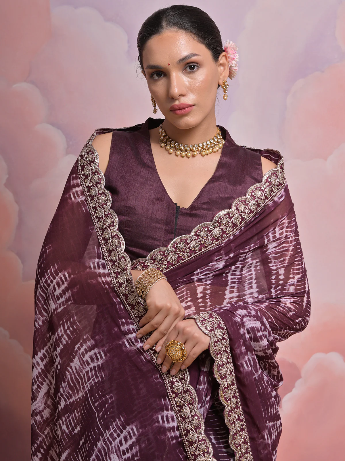 Odette Wine Printed Georgette Saree With Unstitched Blouse For Women - Image 5