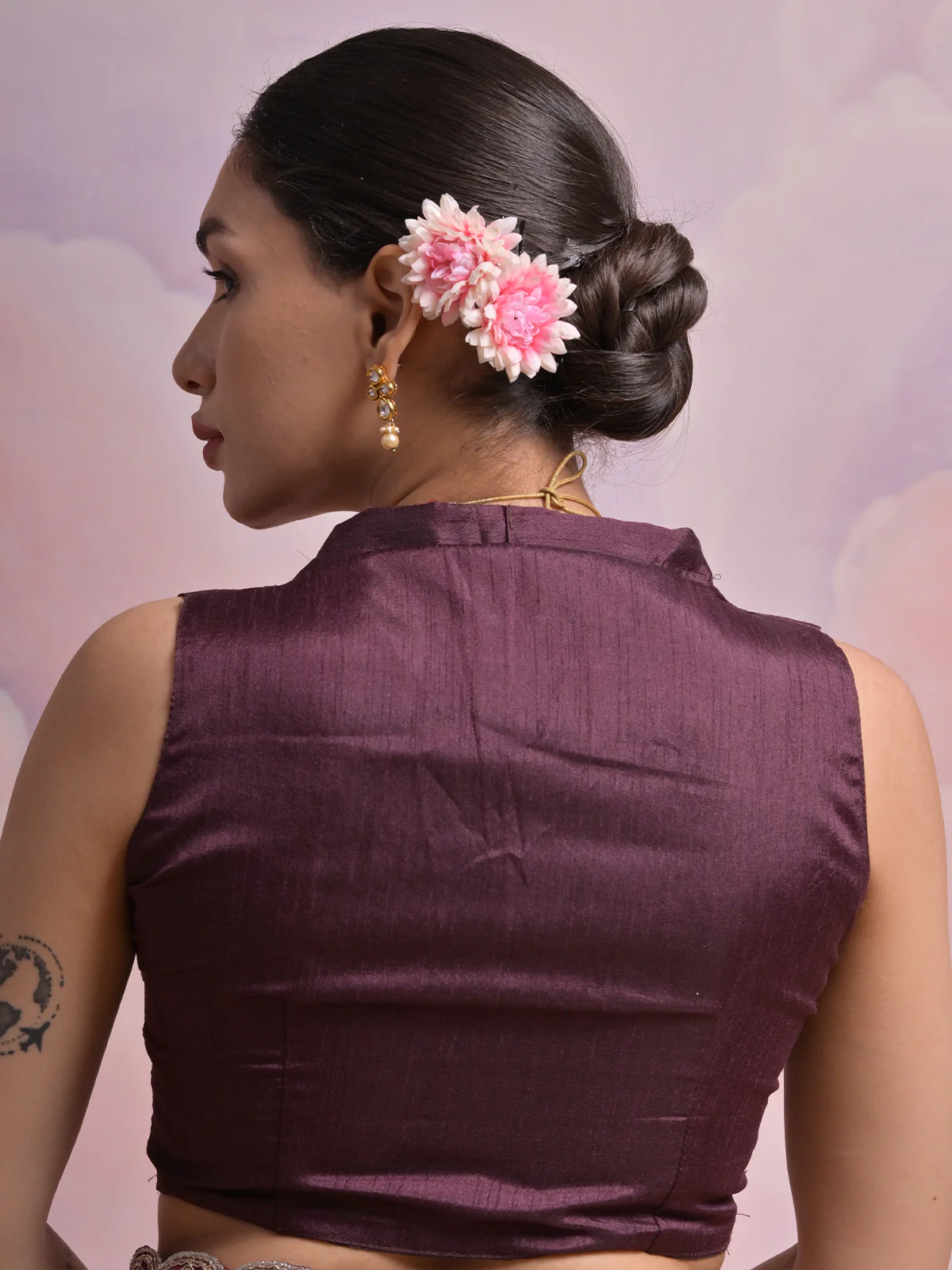Odette Wine Printed Georgette Saree With Unstitched Blouse For Women - Image 7
