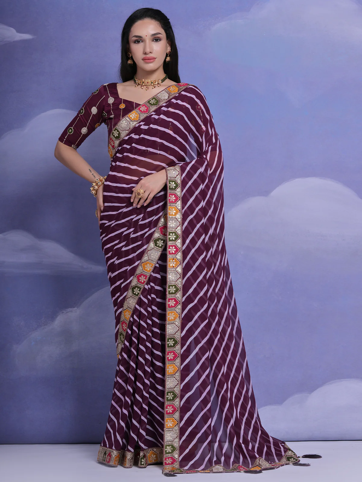 Odette Wine Printed Georgette Saree With Unstitched Blouse For Women