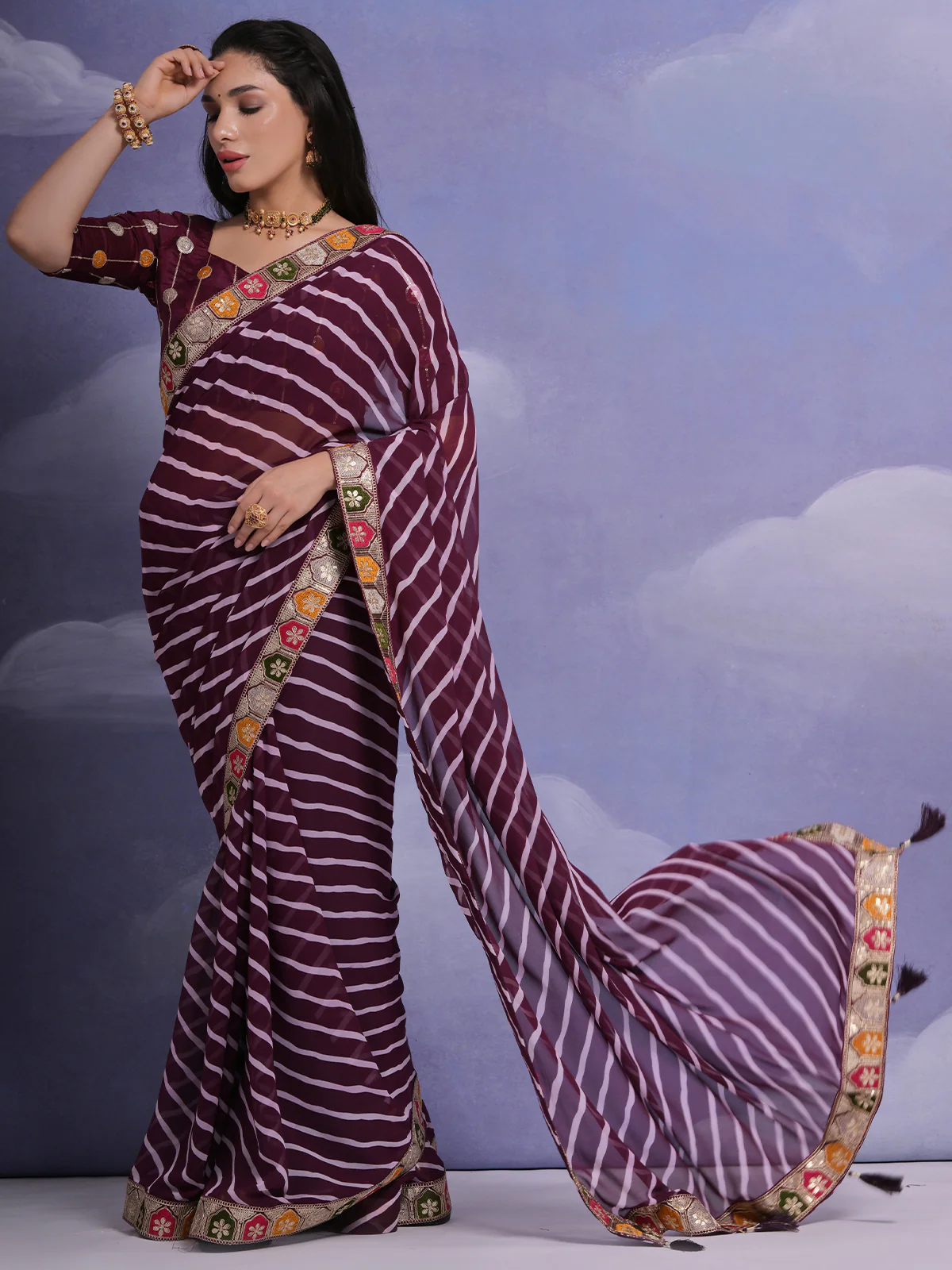Odette Wine Printed Georgette Saree With Unstitched Blouse For Women - Image 2