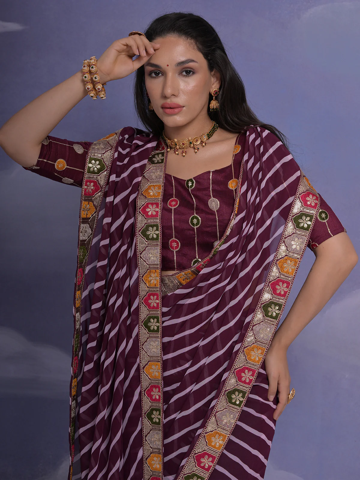 Odette Wine Printed Georgette Saree With Unstitched Blouse For Women - Image 5