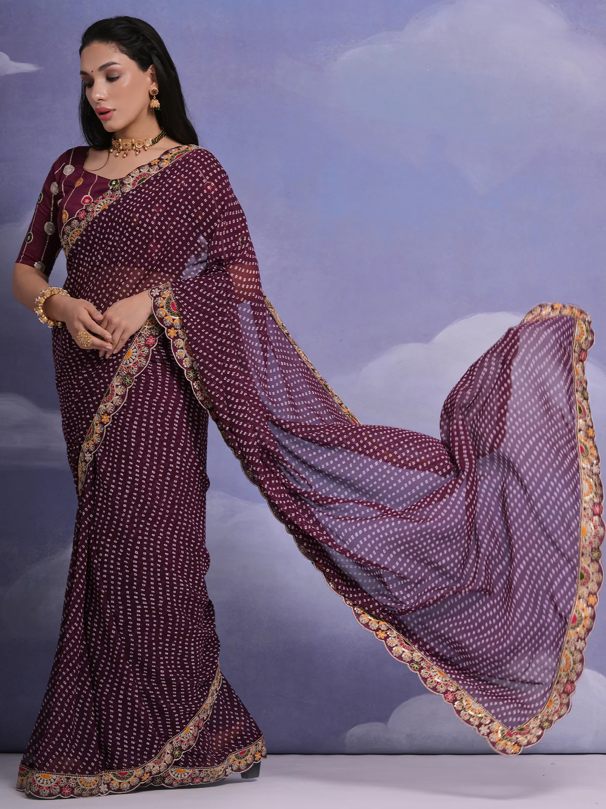 Odette Wine Printed Georgette Saree With Unstitched Blouse For Women - Image 2