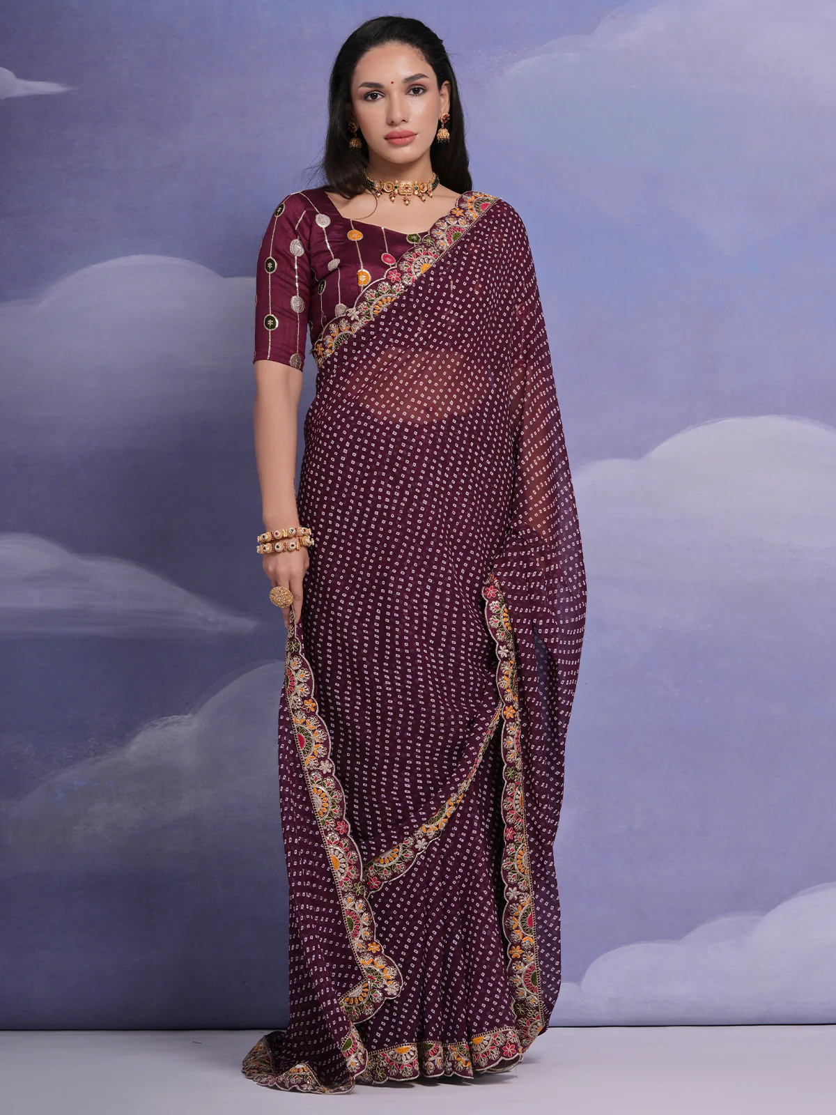 Odette Wine Printed Georgette Saree With Unstitched Blouse For Women - Image 3