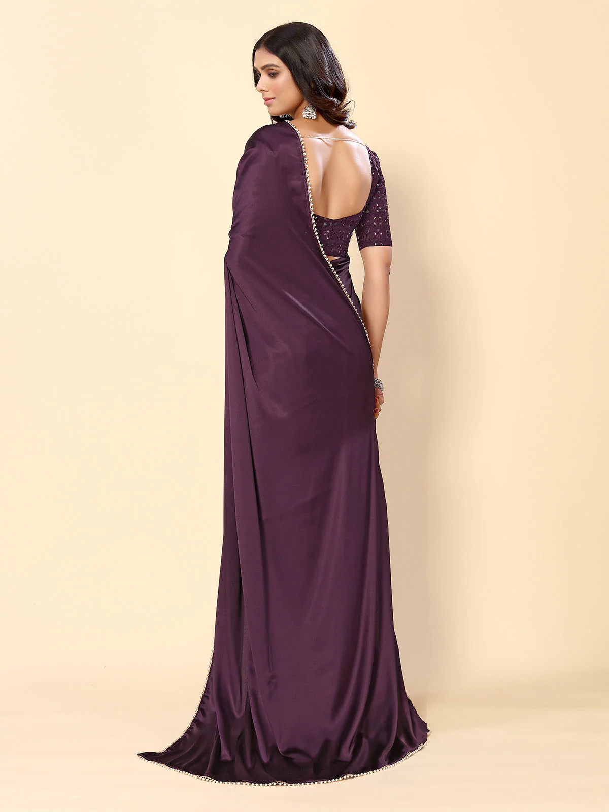 Odette Wine Satin Embellished Saree With Unstitched Blouse For Women - Image 4