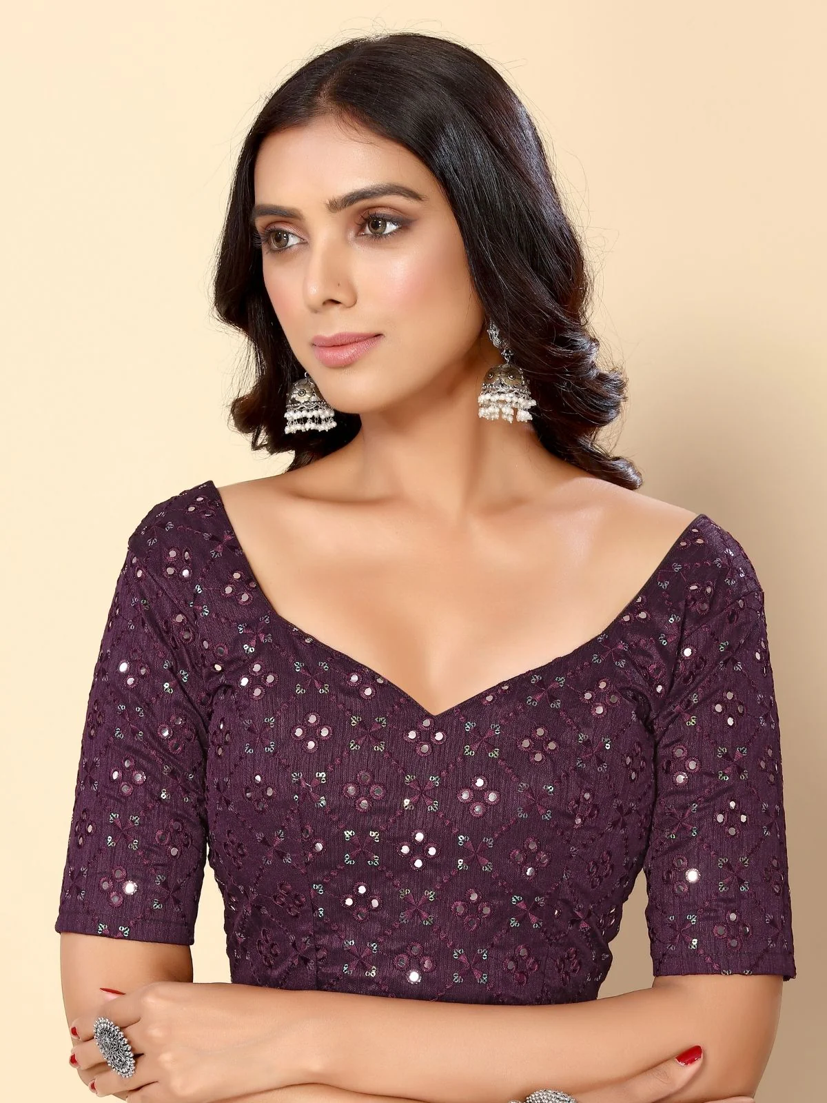 Odette Wine Satin Embellished Saree With Unstitched Blouse For Women - Image 6