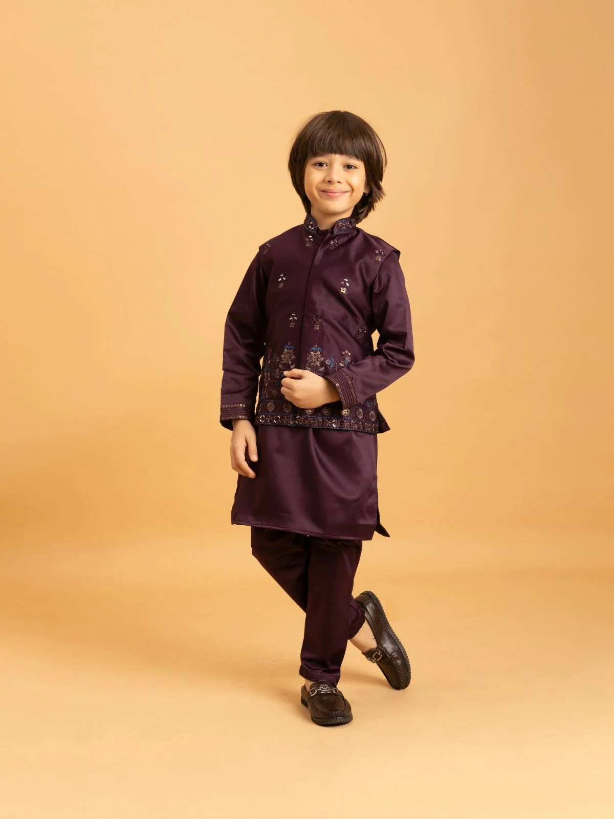 Odette Wine Satin Embellished Stitched Kurta Set For Kids - Image 2