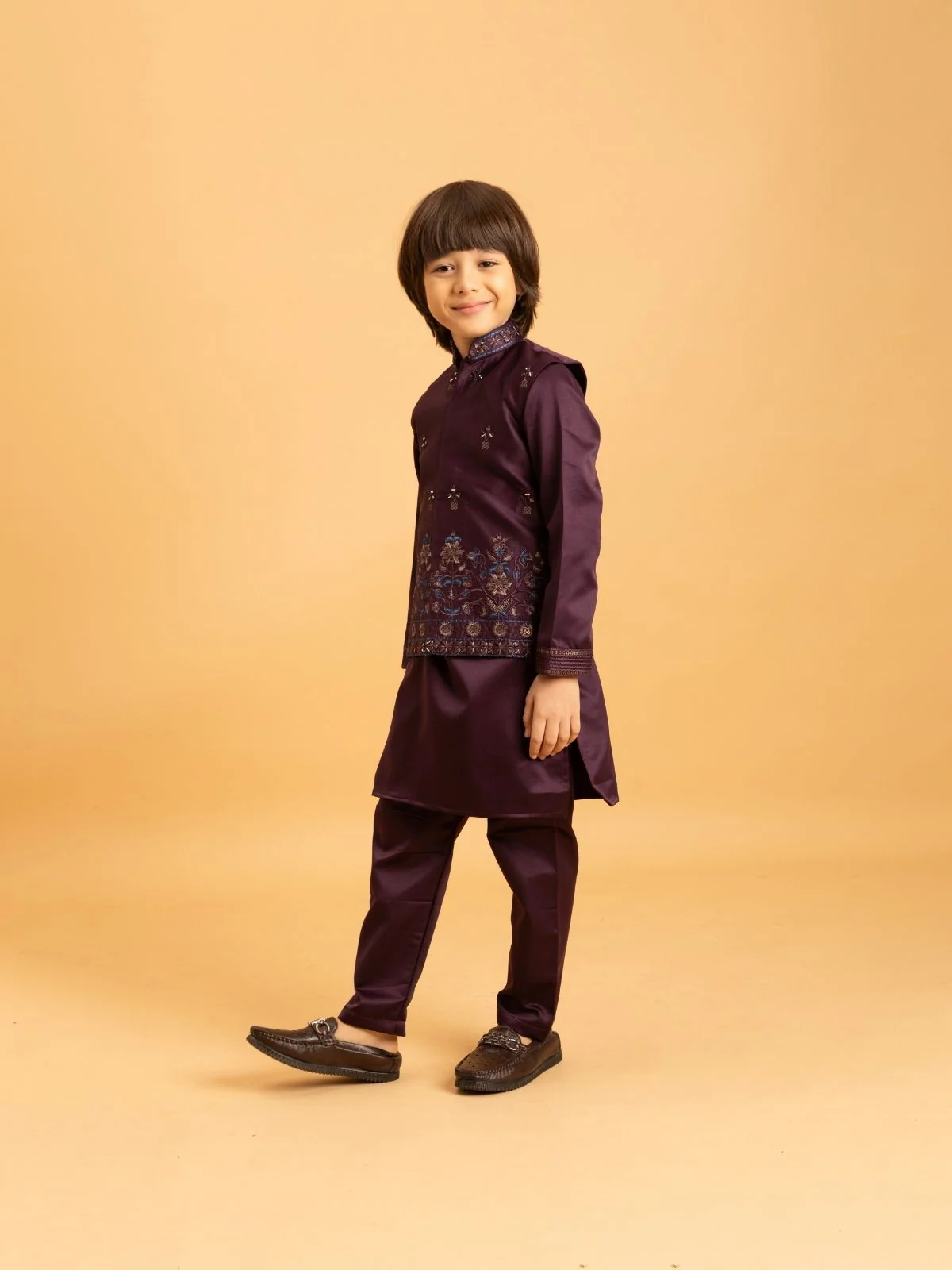 Odette Wine Satin Embellished Stitched Kurta Set For Kids - Image 3