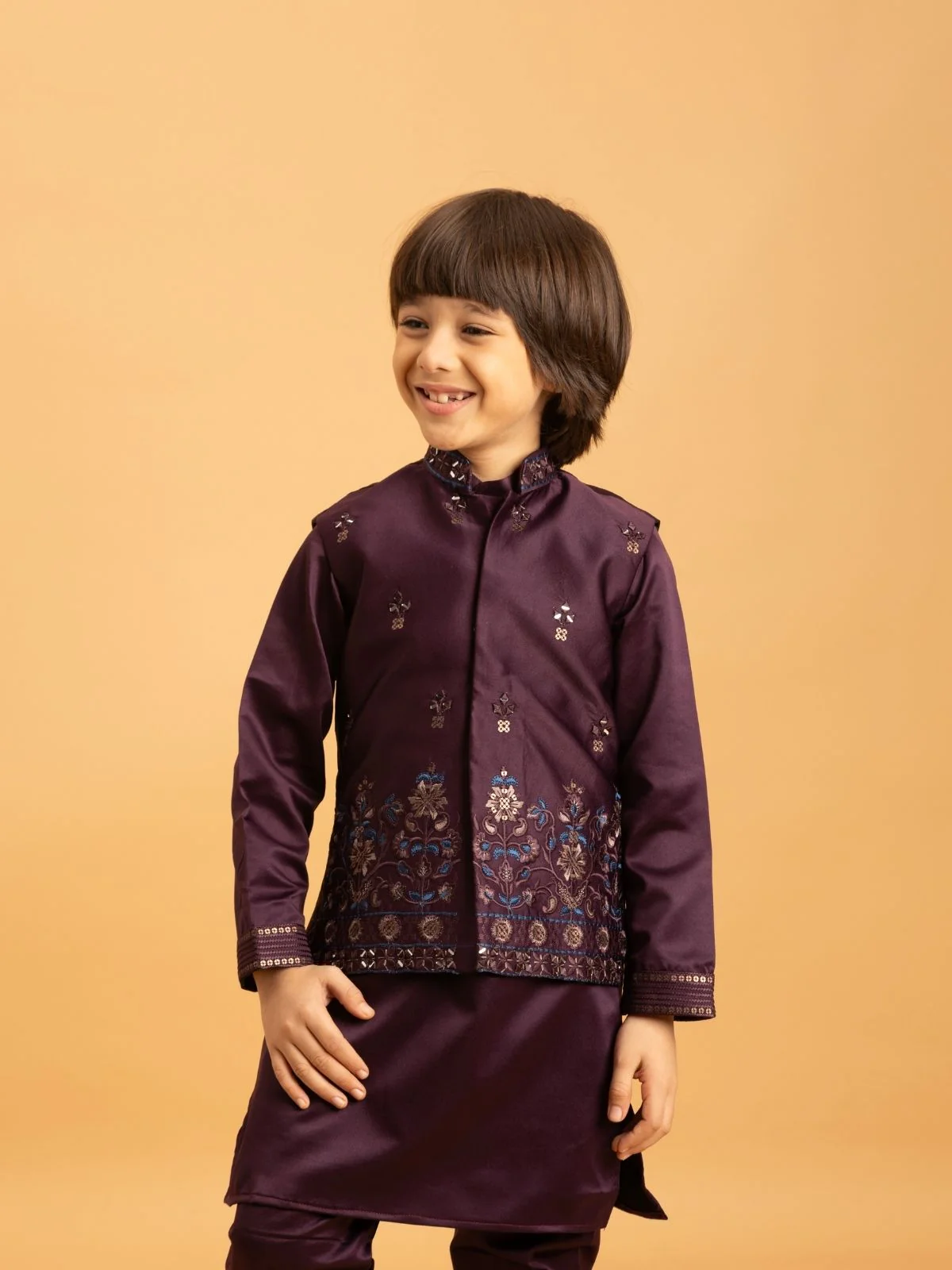 Odette Wine Satin Embellished Stitched Kurta Set For Kids - Image 5