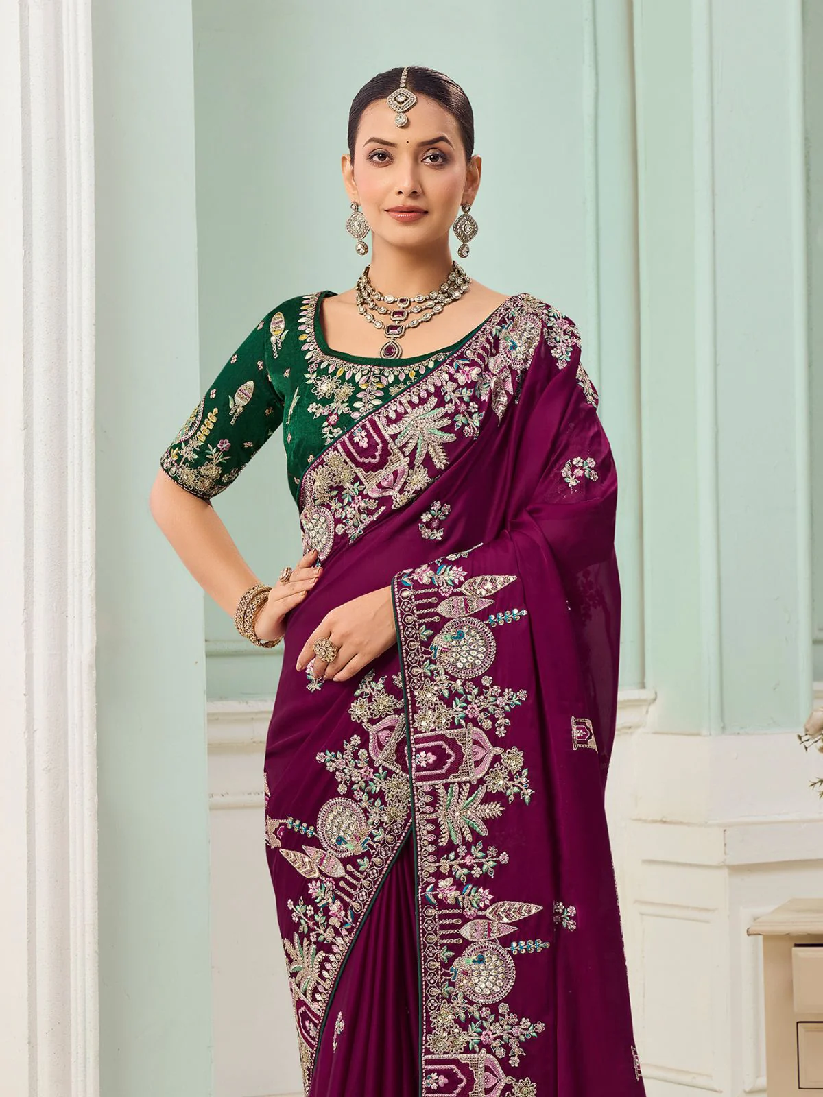 Odette Wine Satin Embroidered Saree For Women - Image 2