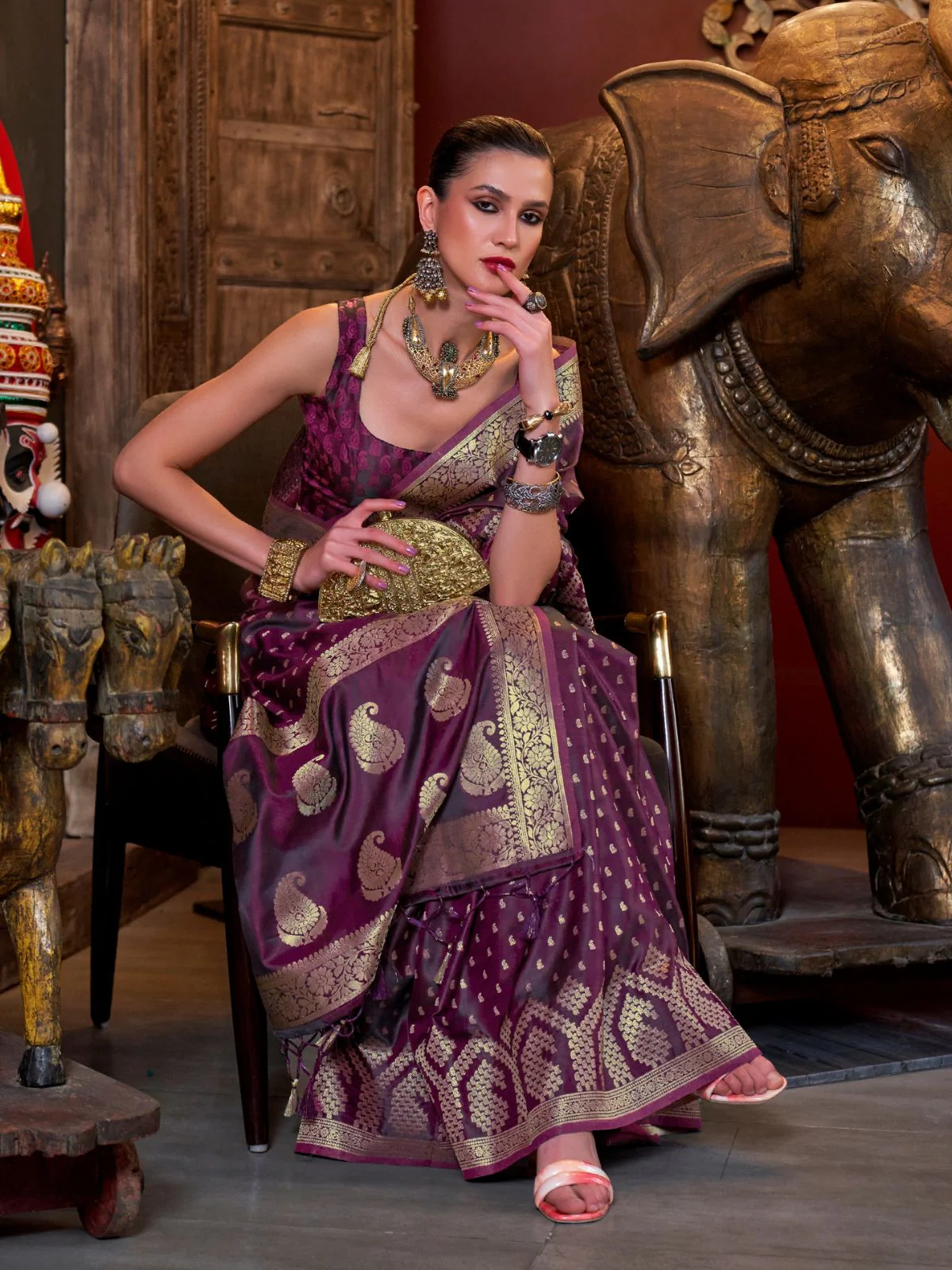 Odette Wine Satin Woven Saree With Unstitched Blouse For Women - Image 2