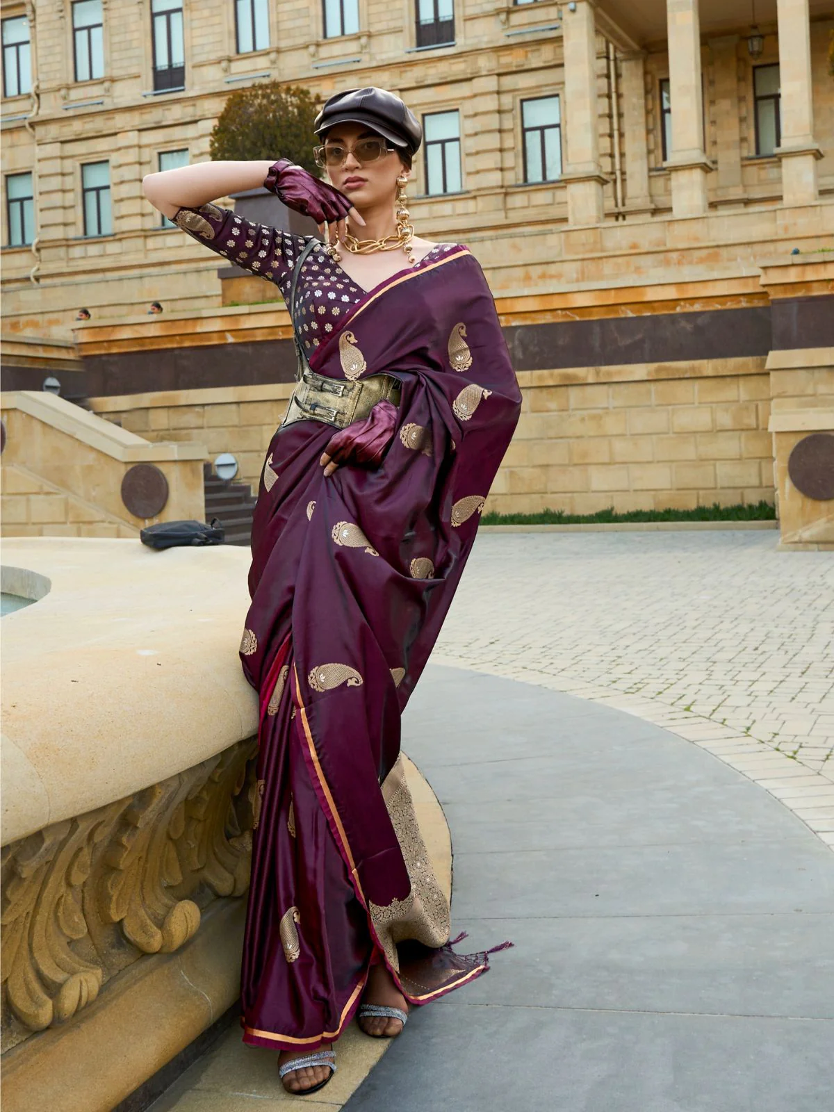 Odette Wine Satin Woven Saree With Unstitched Blouse For Women - Image 2